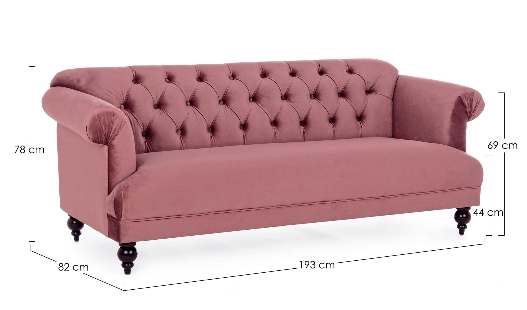 Divano in velluto 3 posti "Blossom" tipo Chester con piedi neri 193 cm in Divani Decor Space - Altamura, commercioVirtuoso.it