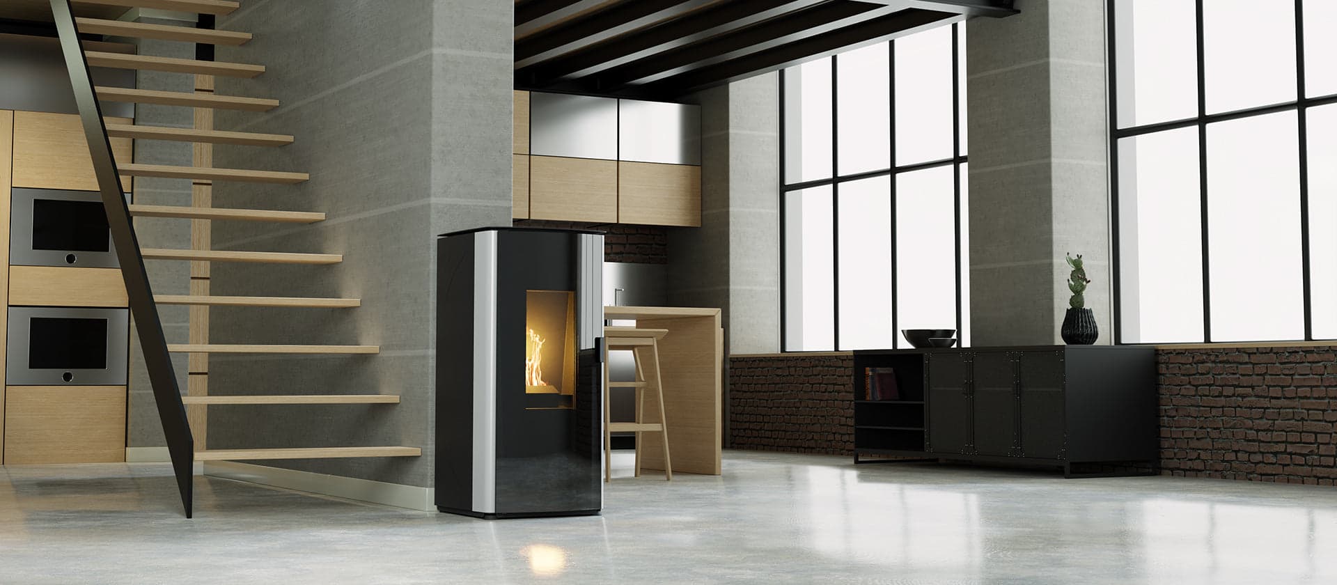 Termo Stufa a pellet 17 kw Hydro "Steel" per ambienti moderni h 112 cm in Stufe elettriche Decor Space - Altamura, commercioVirtuoso.it