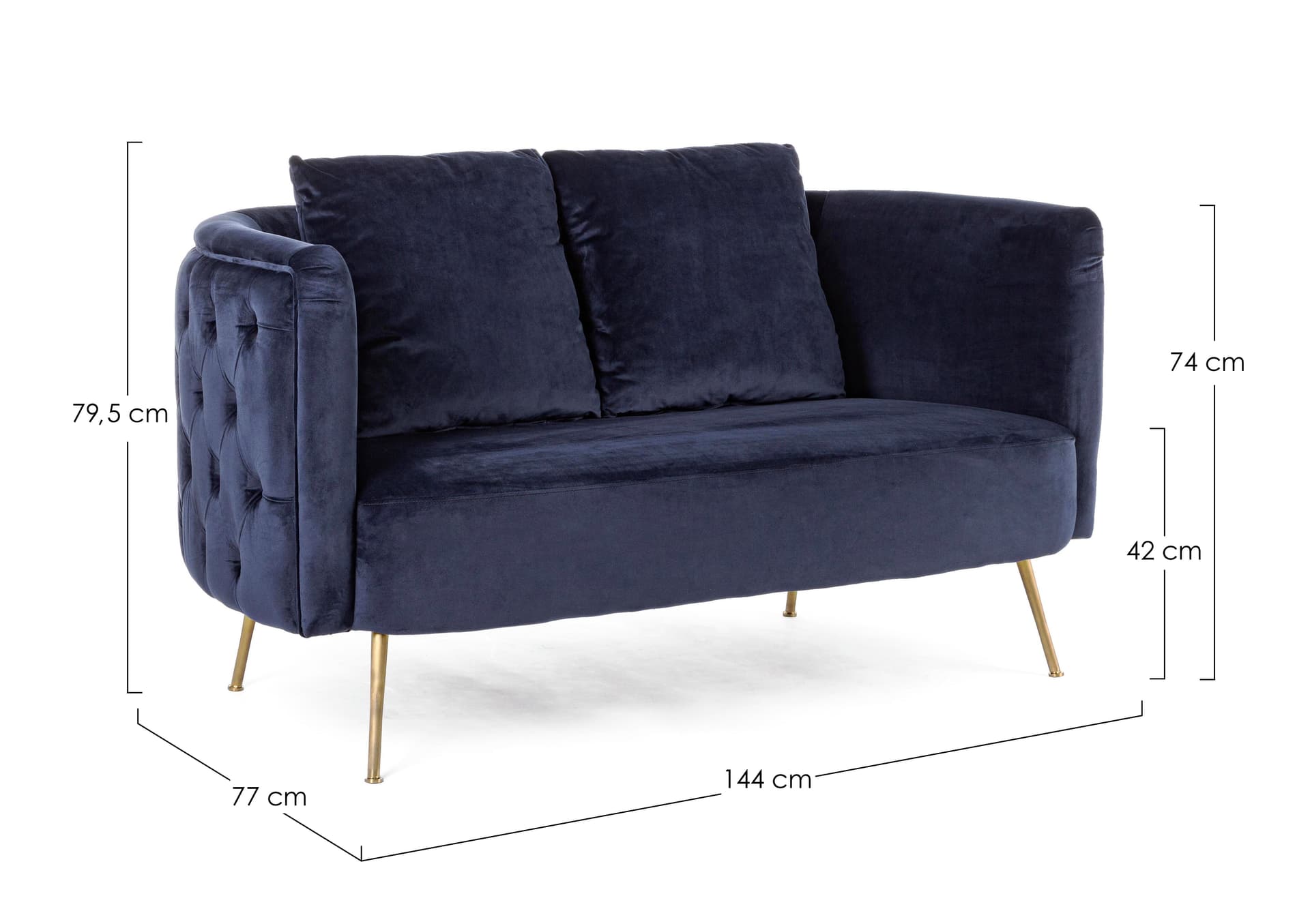 Divano in velluto Blu 2 posti "Tenbury" tipo Chester con piedi ottone 144 cm in Divani Decor Space - Altamura, commercioVirtuoso.it