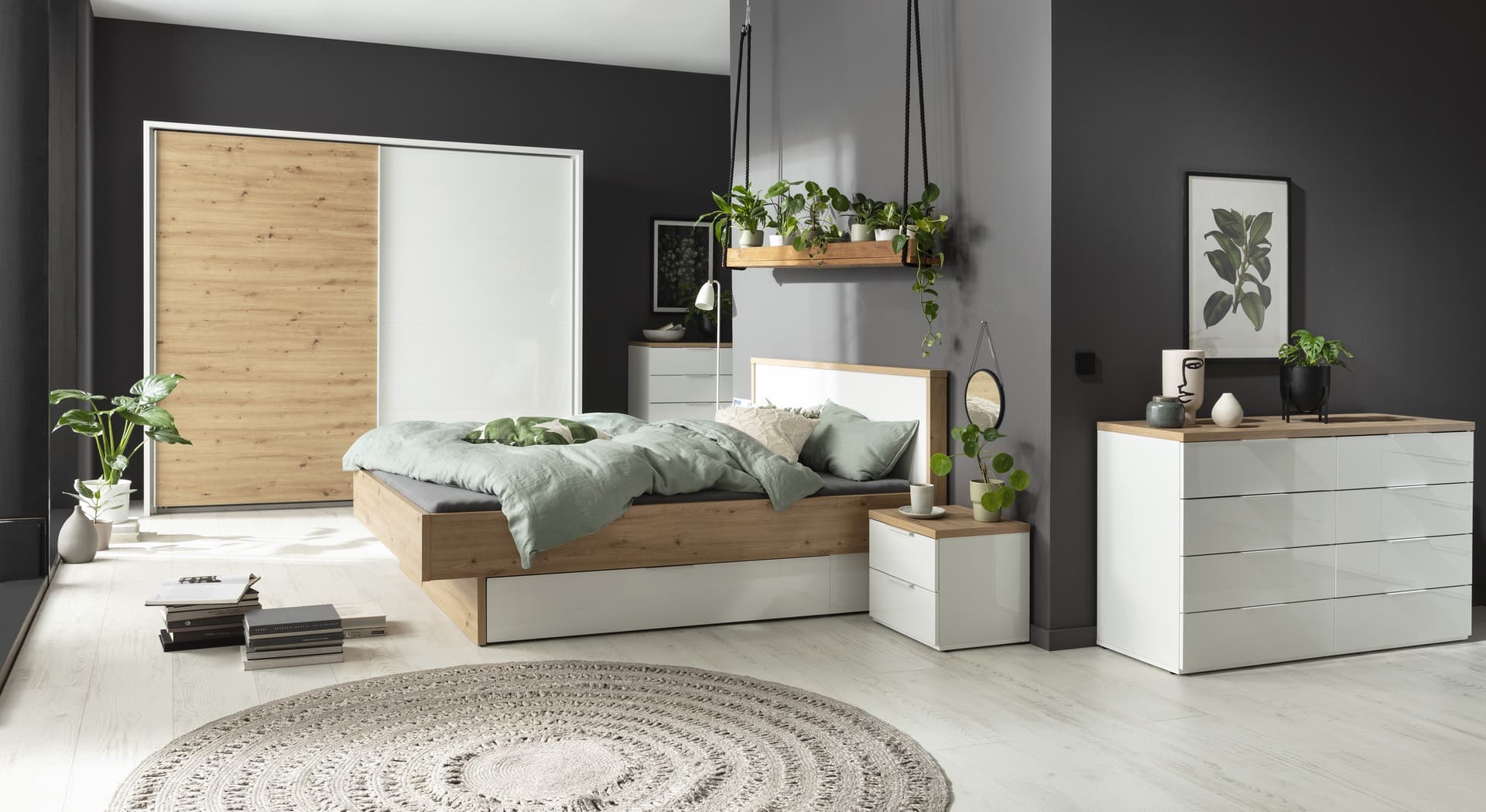 Letto moderno matrimoniale "Mundi" struttura in legno rovere e bianco con spalliera - 13