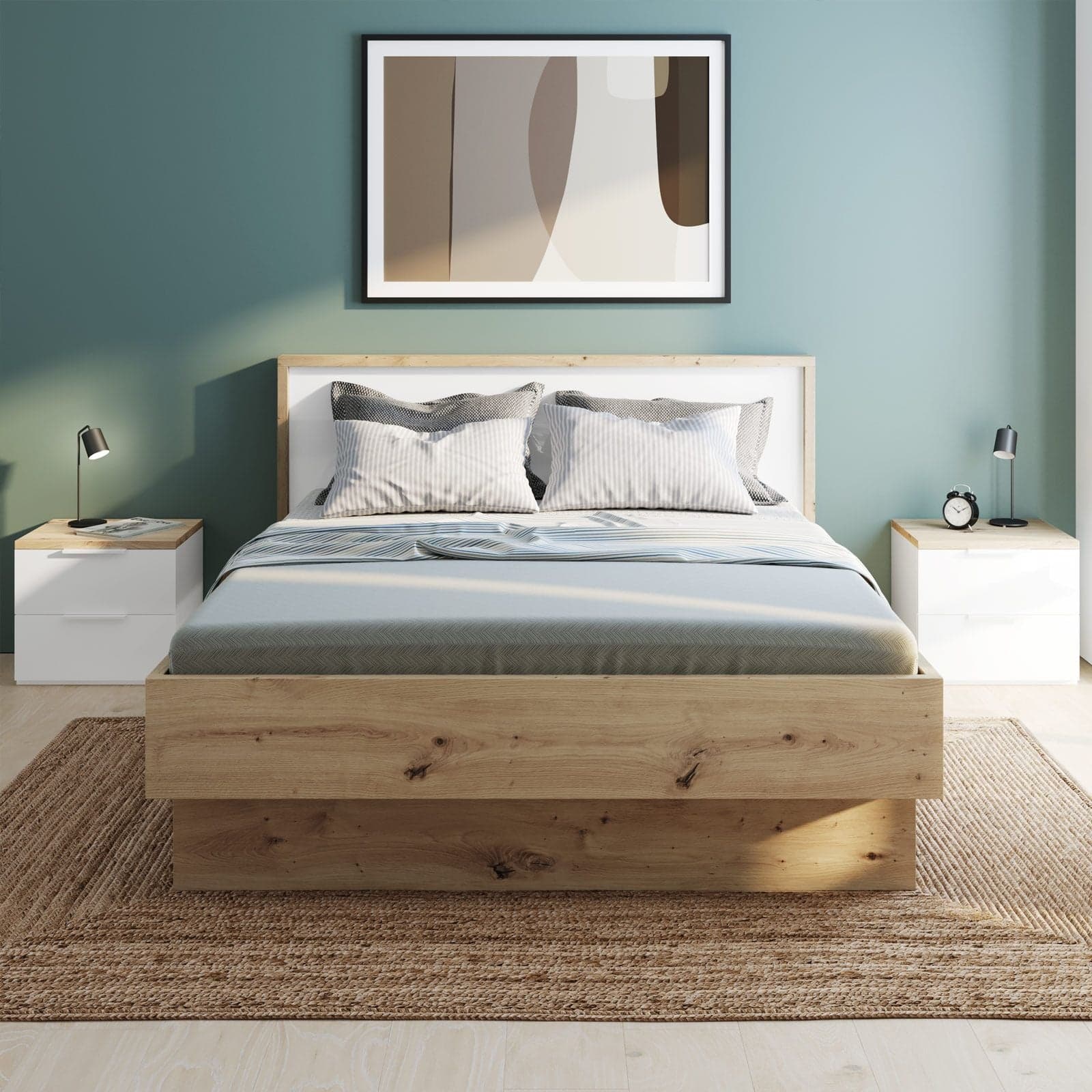 Letto moderno matrimoniale "Mundi" struttura in legno rovere e bianco con spalliera in Letti Decor Space - Altamura, commercioVirtuoso.it