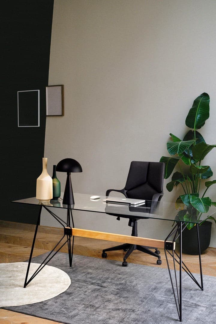 Tavolo Primary rettangolare con struttura in acciaio verniciato, supporto centrale, piano in vetro in Tavoli da sala da pranzo Decor Space - Altamura, commercioVirtuoso.it