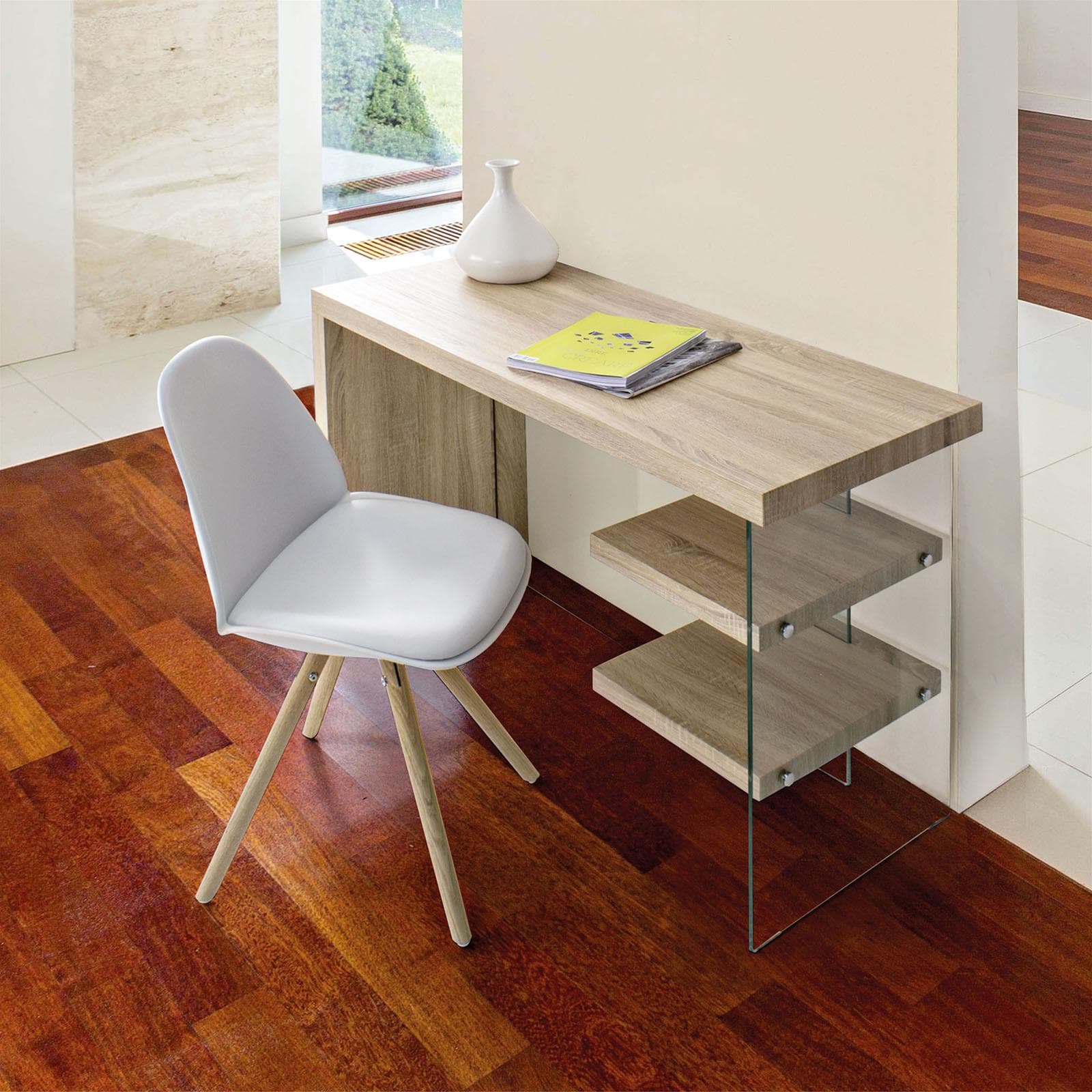 Scrivania moderna "Bilbao" da ufficio e cameretta in legno con piedi in vetro temperato 120 cm in Scrivanie Decor Space - Altamura, commercioVirtuoso.it