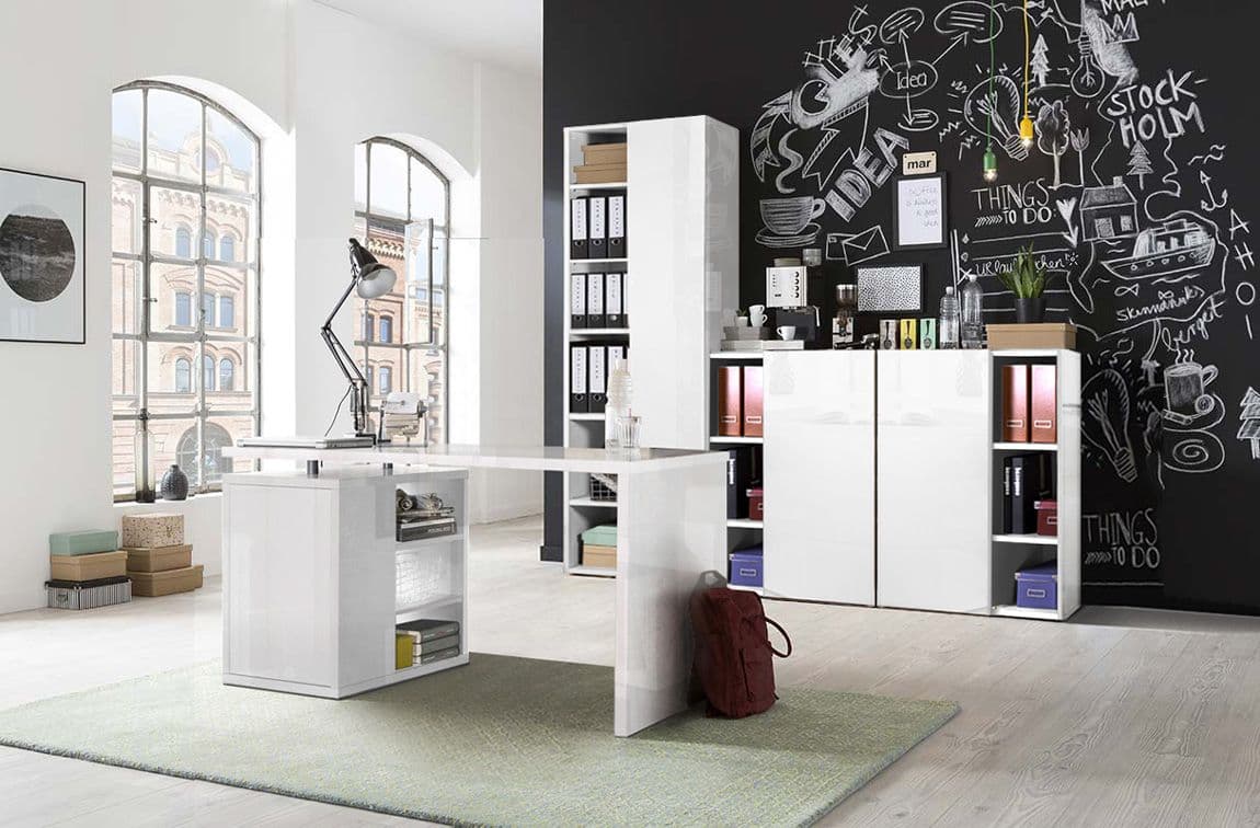 Scrivania per ufficio e stanzetta, con anta e 3 ripiani a giorno da 140 cm in Scrivanie Decor Space - Altamura, commercioVirtuoso.it