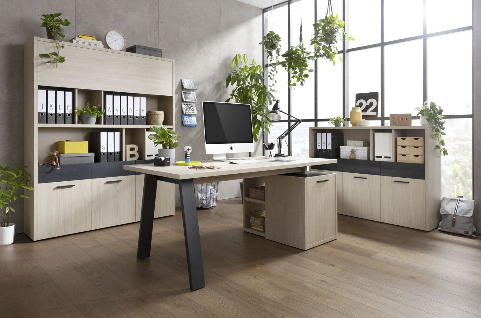 Scrivania da ufficio e cameretta con cassettiera 170 cm Rovere e Nero "Made in Italy" - 4