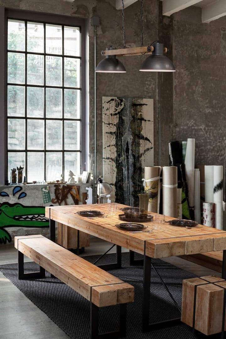 Tavolo Garrett rettangolare, con gambe, piano in legno di abete, stile industriale in Tavoli da sala da pranzo Decor Space - Altamura, commercioVirtuoso.it