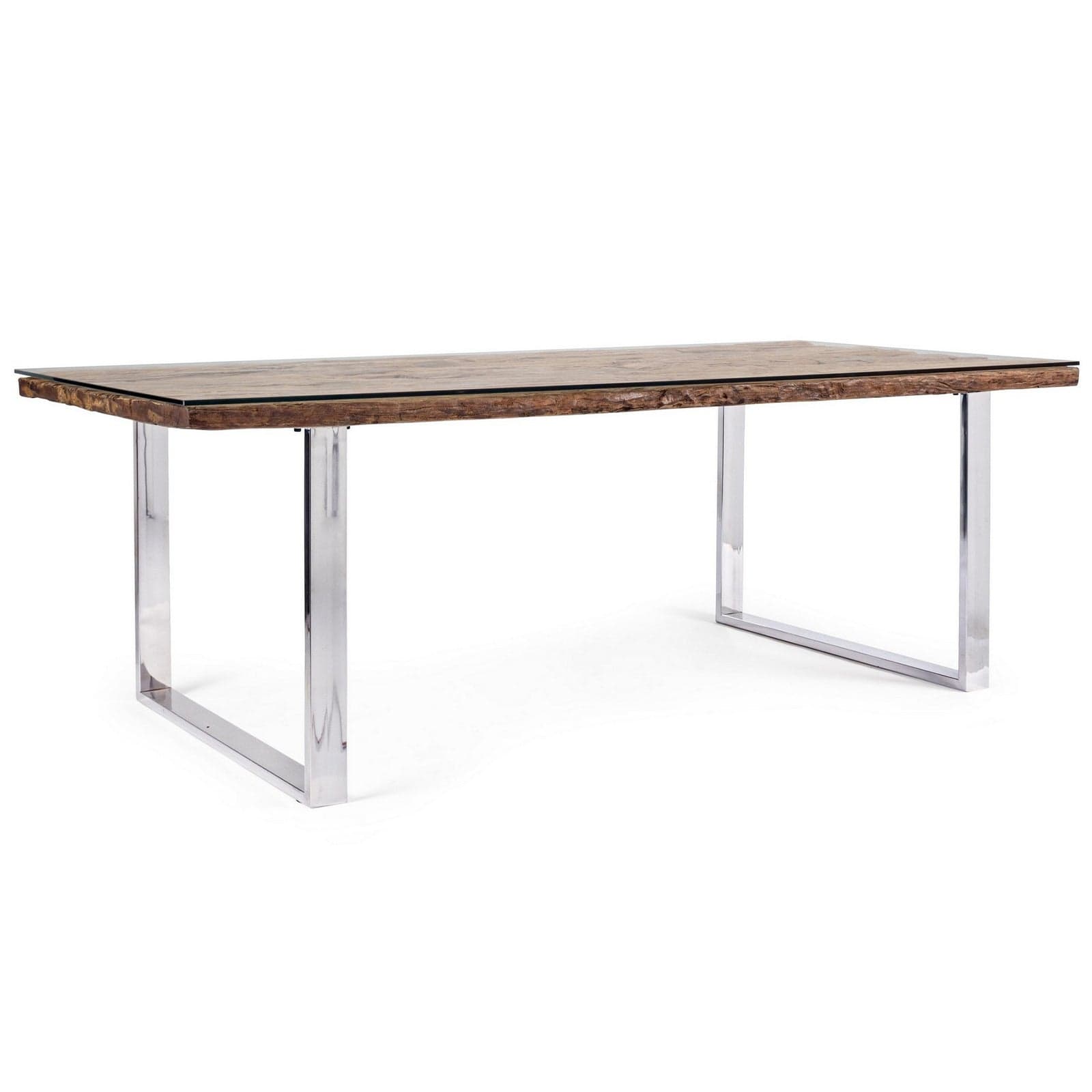 Tavolo "C-V Stanton" rettangolare, con gambe in acciaio, piano in legno riciclato e vetro temperato, stile moderno - 8