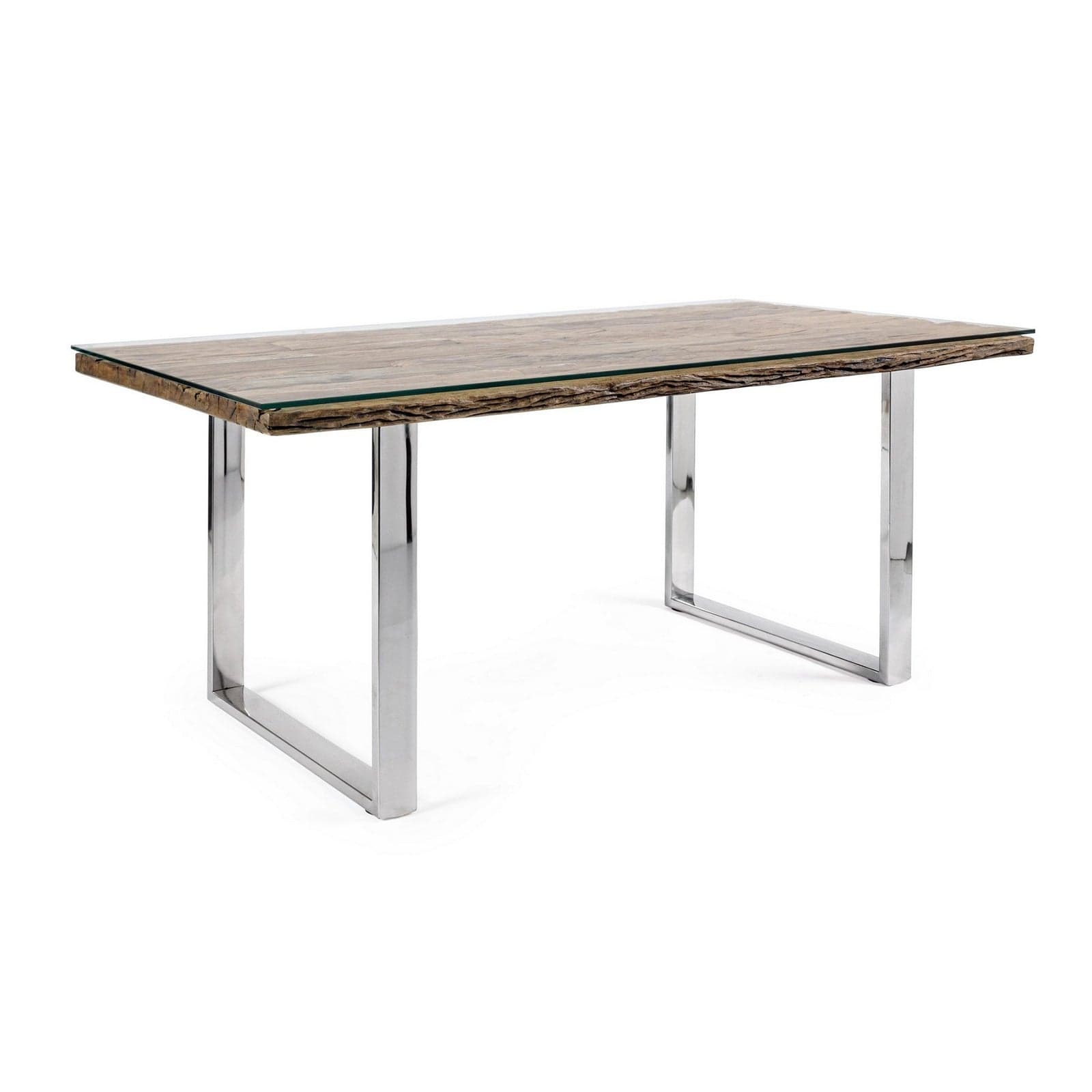 Tavolo "C-V Stanton" rettangolare, con gambe in acciaio, piano in legno riciclato e vetro temperato, stile moderno - 7