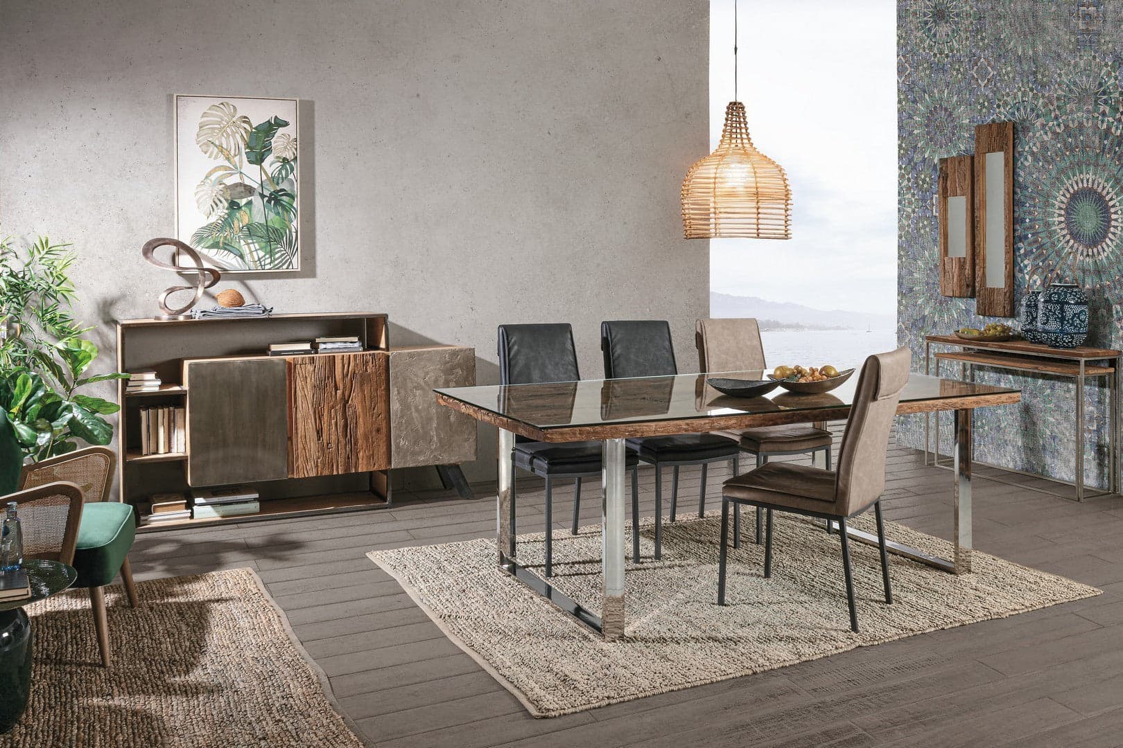 Tavolo "C-V Stanton" rettangolare, con gambe in acciaio, piano in legno riciclato e vetro temperato, stile moderno - 13