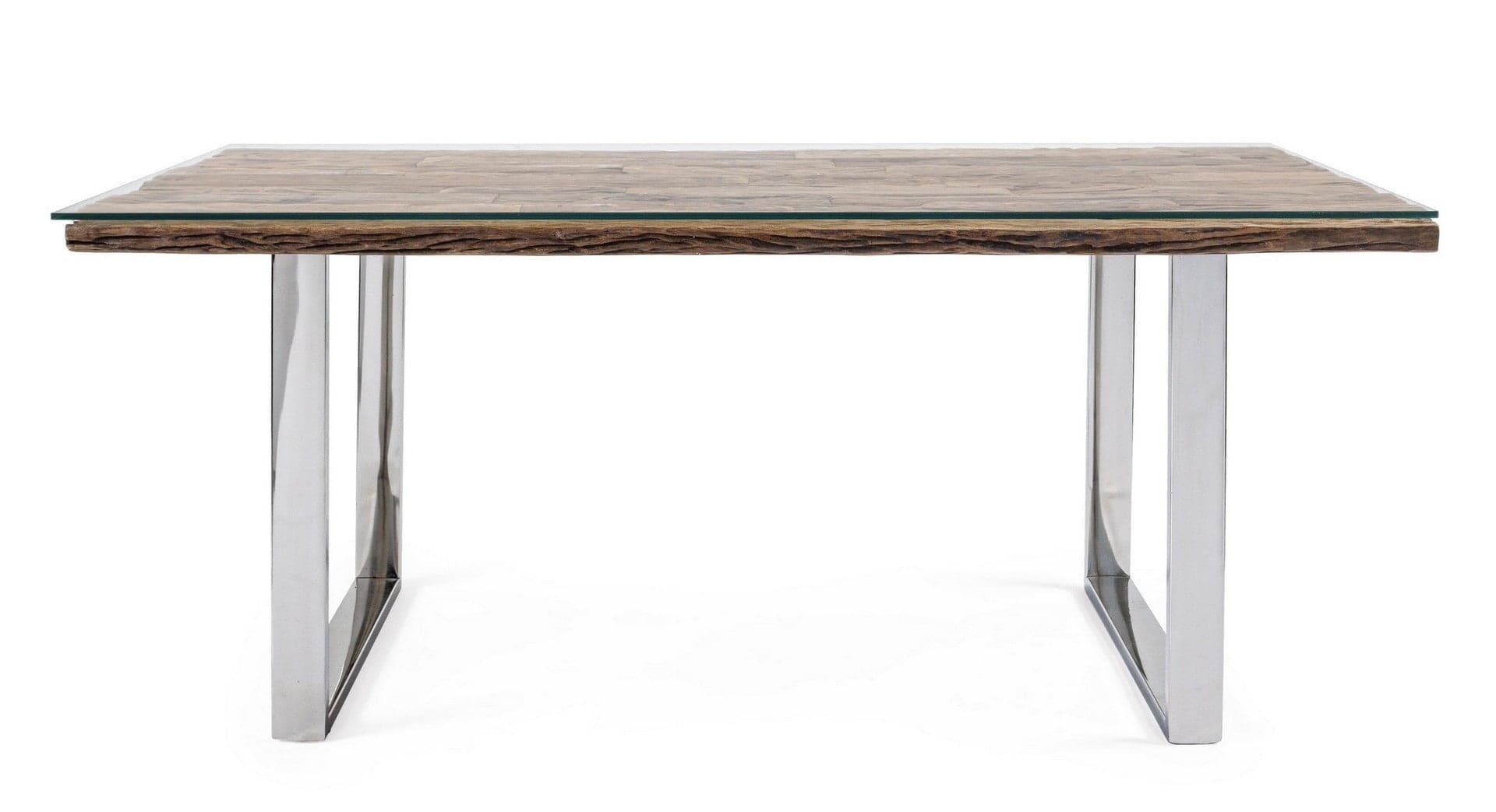 Tavolo "C-V Stanton" rettangolare, con gambe in acciaio, piano in legno riciclato e vetro temperato, stile moderno in Tavoli da sala da pranzo Decor Space - Altamura, commercioVirtuoso.it