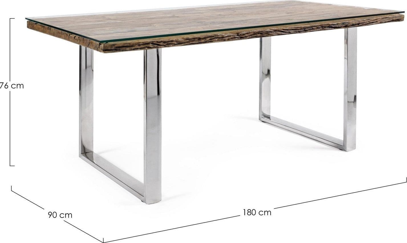Tavolo "C-V Stanton" rettangolare, con gambe in acciaio, piano in legno riciclato e vetro temperato, stile moderno in Tavoli da sala da pranzo Decor Space - Altamura, commercioVirtuoso.it