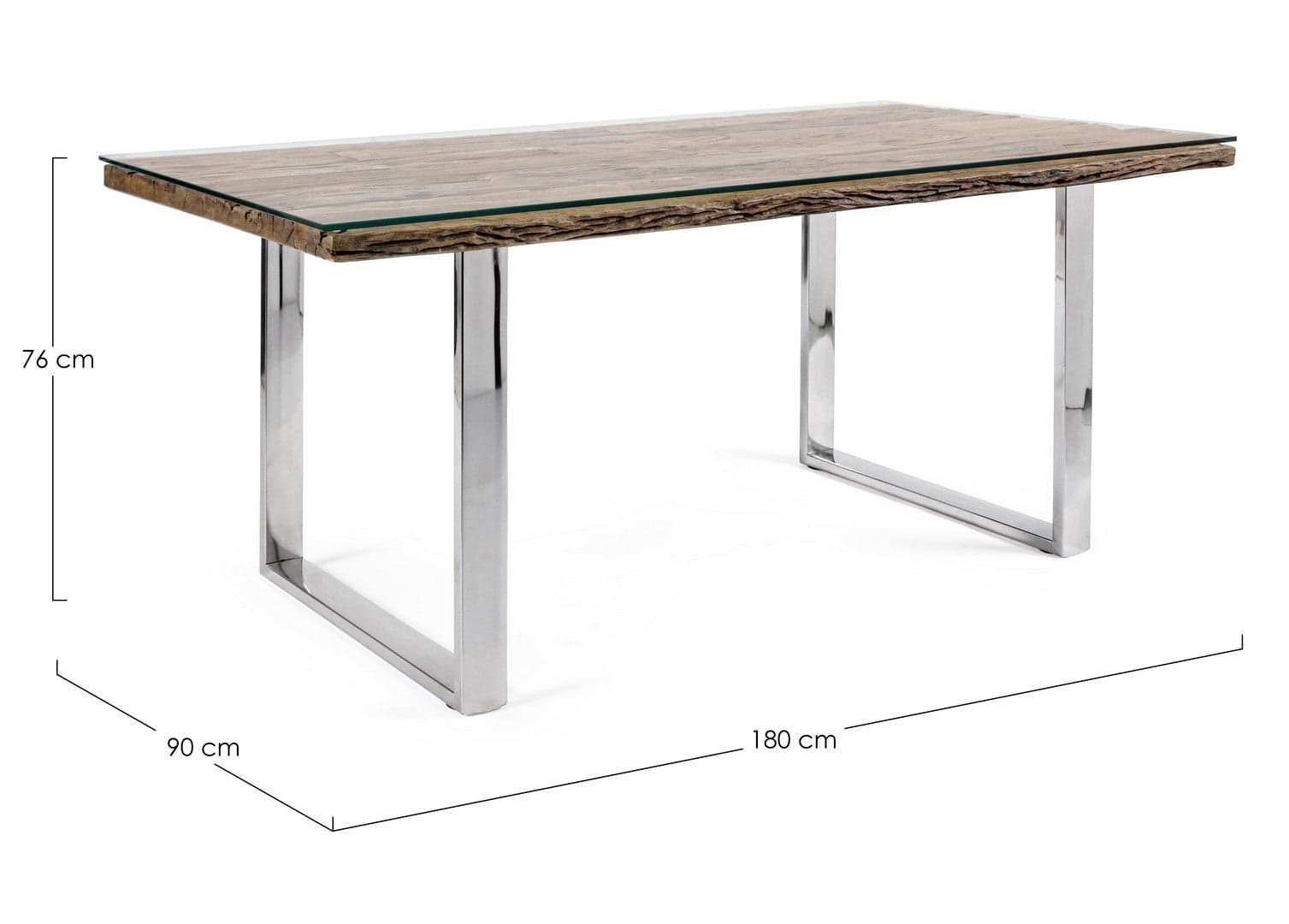 Tavolo "C-V Stanton" rettangolare, con gambe in acciaio, piano in legno riciclato e vetro temperato, stile moderno in Tavoli da sala da pranzo Decor Space - Altamura, commercioVirtuoso.it