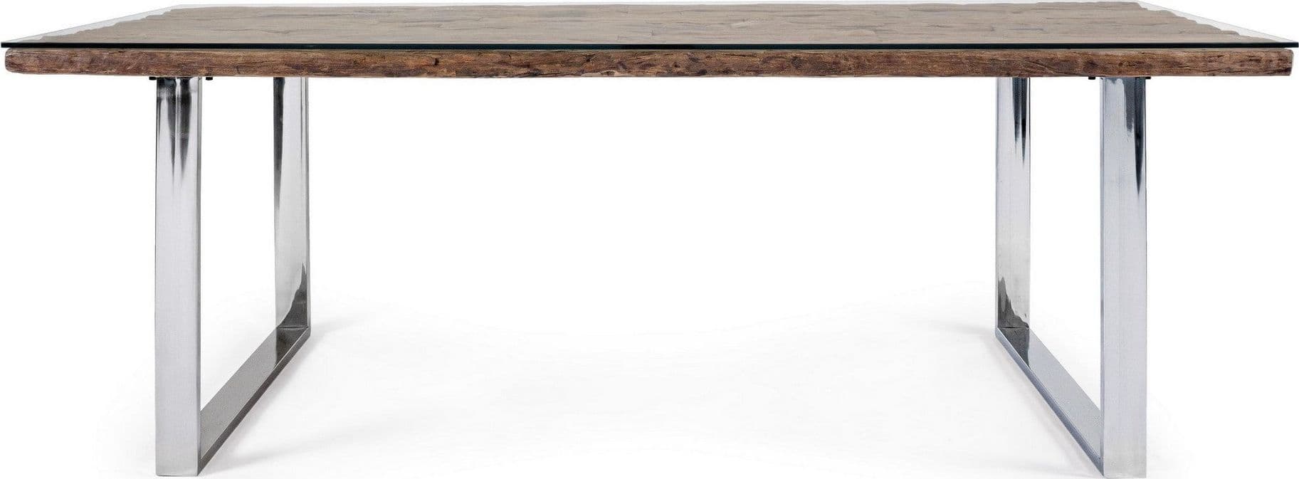 Tavolo "C-V Stanton" rettangolare, con gambe in acciaio, piano in legno riciclato e vetro temperato, stile moderno - 9