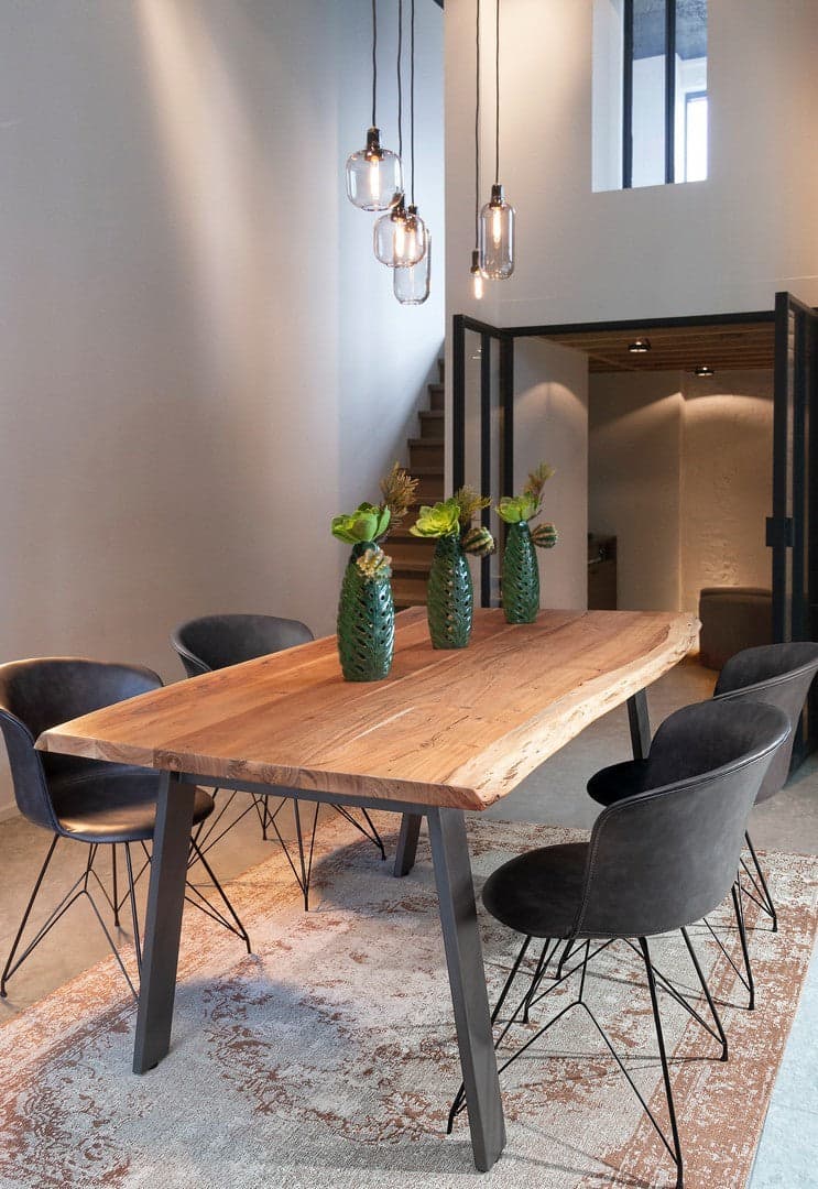 Tavolo Aron rettangolare, con gambe in acciaio, piano in legno di acacia, stile moderno in Tavoli da sala da pranzo Decor Space - Altamura, commercioVirtuoso.it