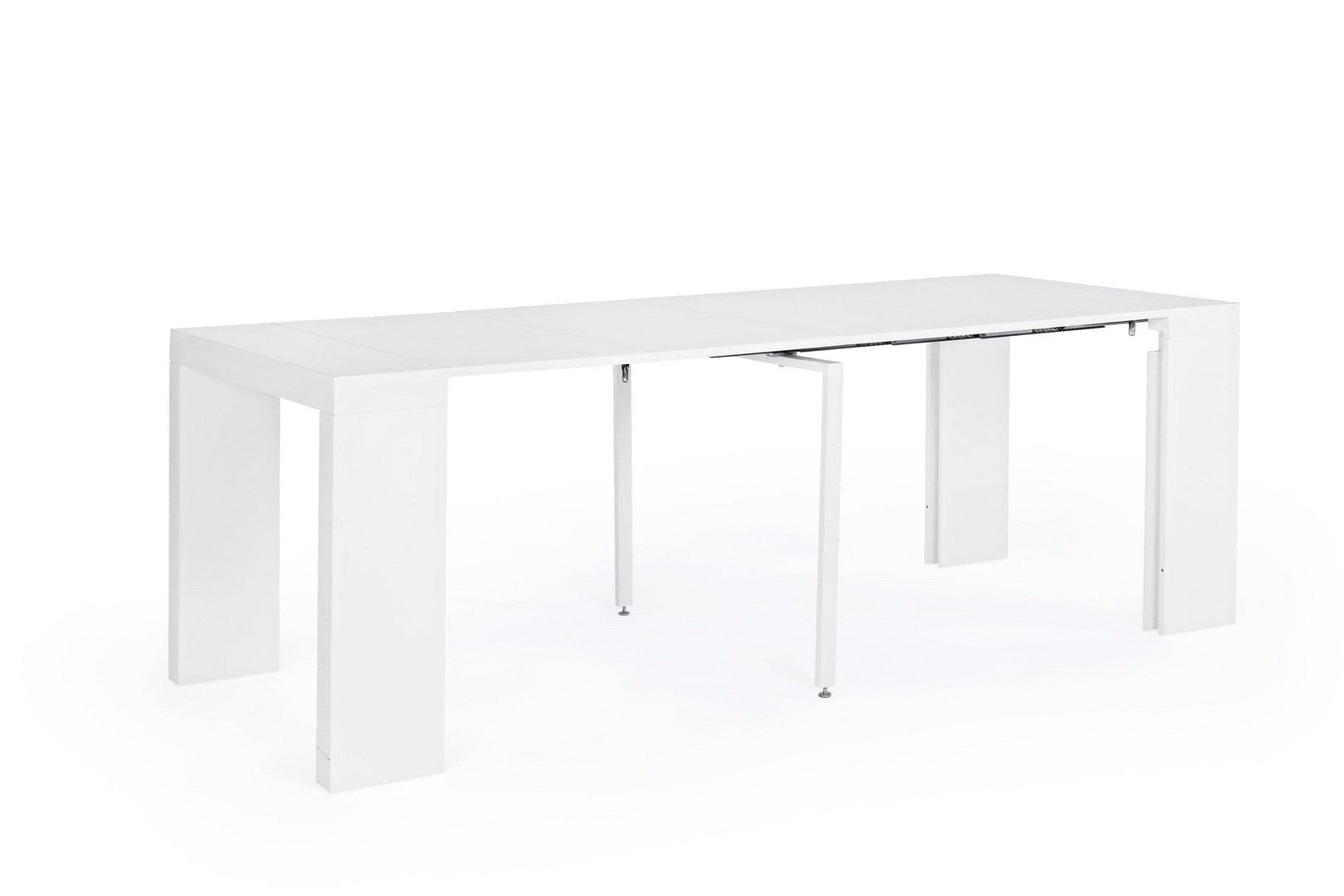 Tavolo consolle Daniel bianco con supporto centrale in acciaio, sistema telescopico di allungamento in Tavoli da sala da pranzo Decor Space - Altamura, commercioVirtuoso.it