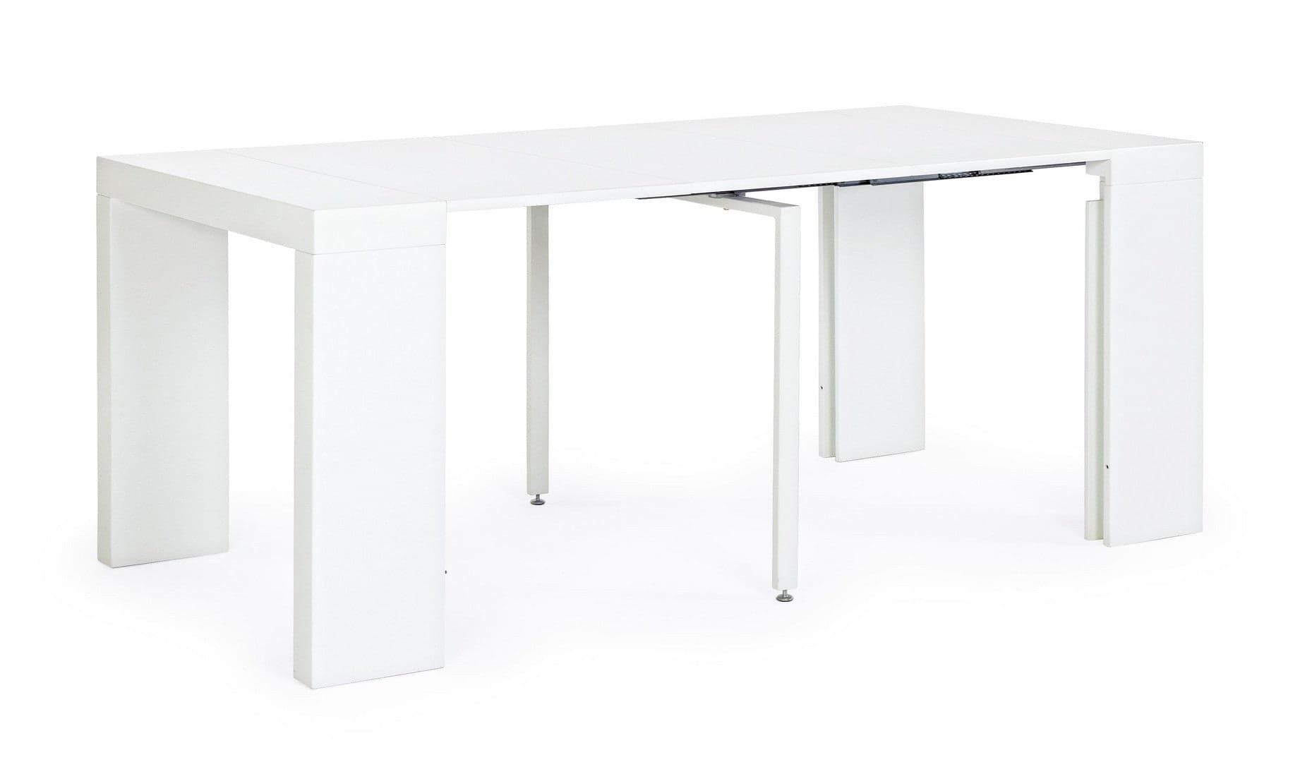 Tavolo consolle Daniel bianco con supporto centrale in acciaio, sistema telescopico di allungamento in Tavoli da sala da pranzo Decor Space - Altamura, commercioVirtuoso.it