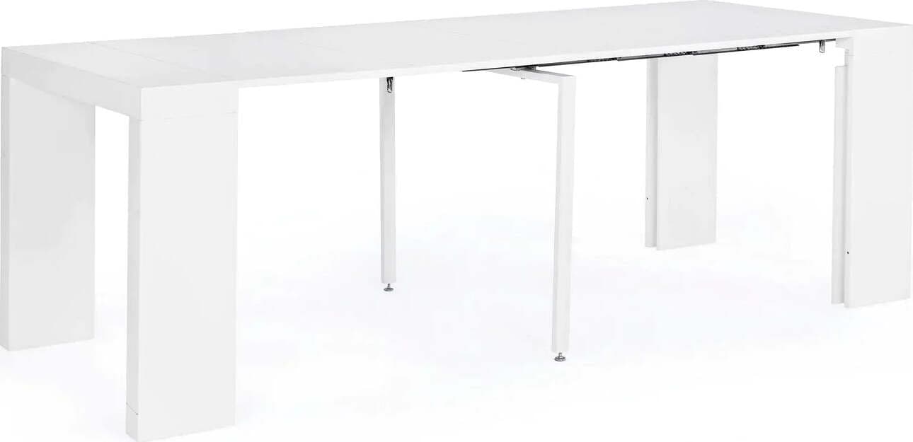Tavolo consolle Daniel bianco con supporto centrale in acciaio, sistema telescopico di allungamento Casa e cucina/Arredamento/Sala da pranzo/Tavoli da sala da pranzo Decor Space - Altamura, Commerciovirtuoso.it