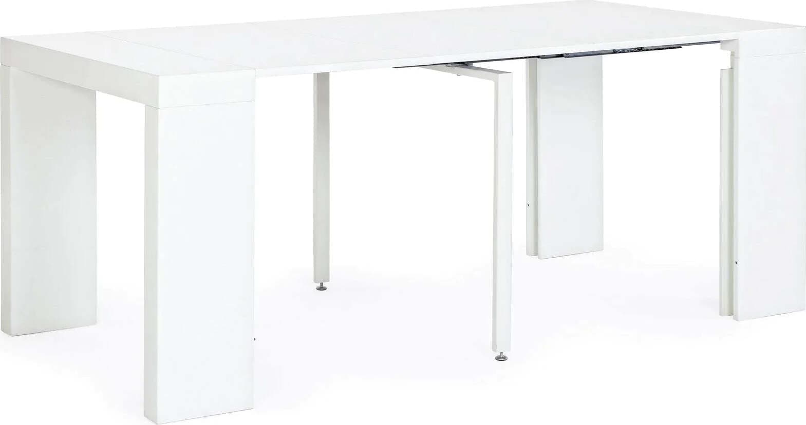 Tavolo consolle Daniel bianco con supporto centrale in acciaio, sistema telescopico di allungamento Casa e cucina/Arredamento/Sala da pranzo/Tavoli da sala da pranzo Decor Space - Altamura, Commerciovirtuoso.it