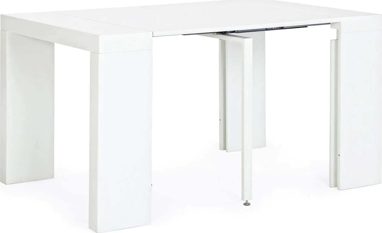 Tavolo consolle Daniel bianco con supporto centrale in acciaio, sistema telescopico di allungamento Casa e cucina/Arredamento/Sala da pranzo/Tavoli da sala da pranzo Decor Space - Altamura, Commerciovirtuoso.it