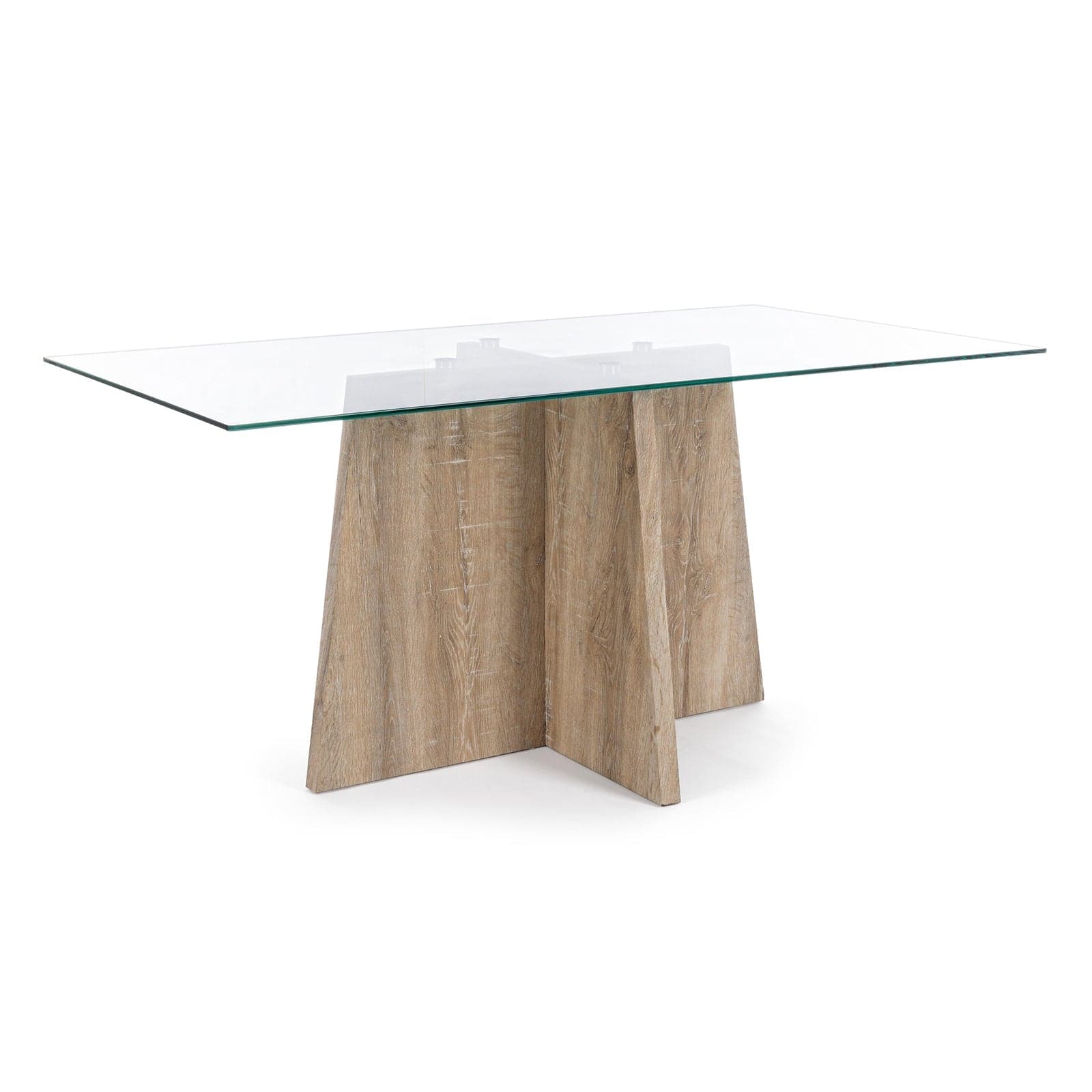 Tavolo "Kenya" con piano in vetro trasparente e piede centrale in legno 160 X 90 cm in Tavoli da sala da pranzo Decor Space - Altamura, commercioVirtuoso.it