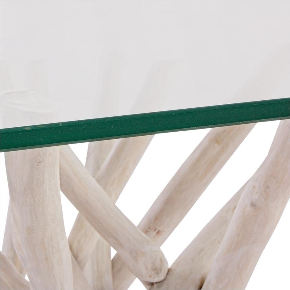 Tavolo "C-V Sahel", con gambe in rami di teak, piano in vetro temperato, stile moderno in Tavoli da sala da pranzo Decor Space - Altamura, commercioVirtuoso.it