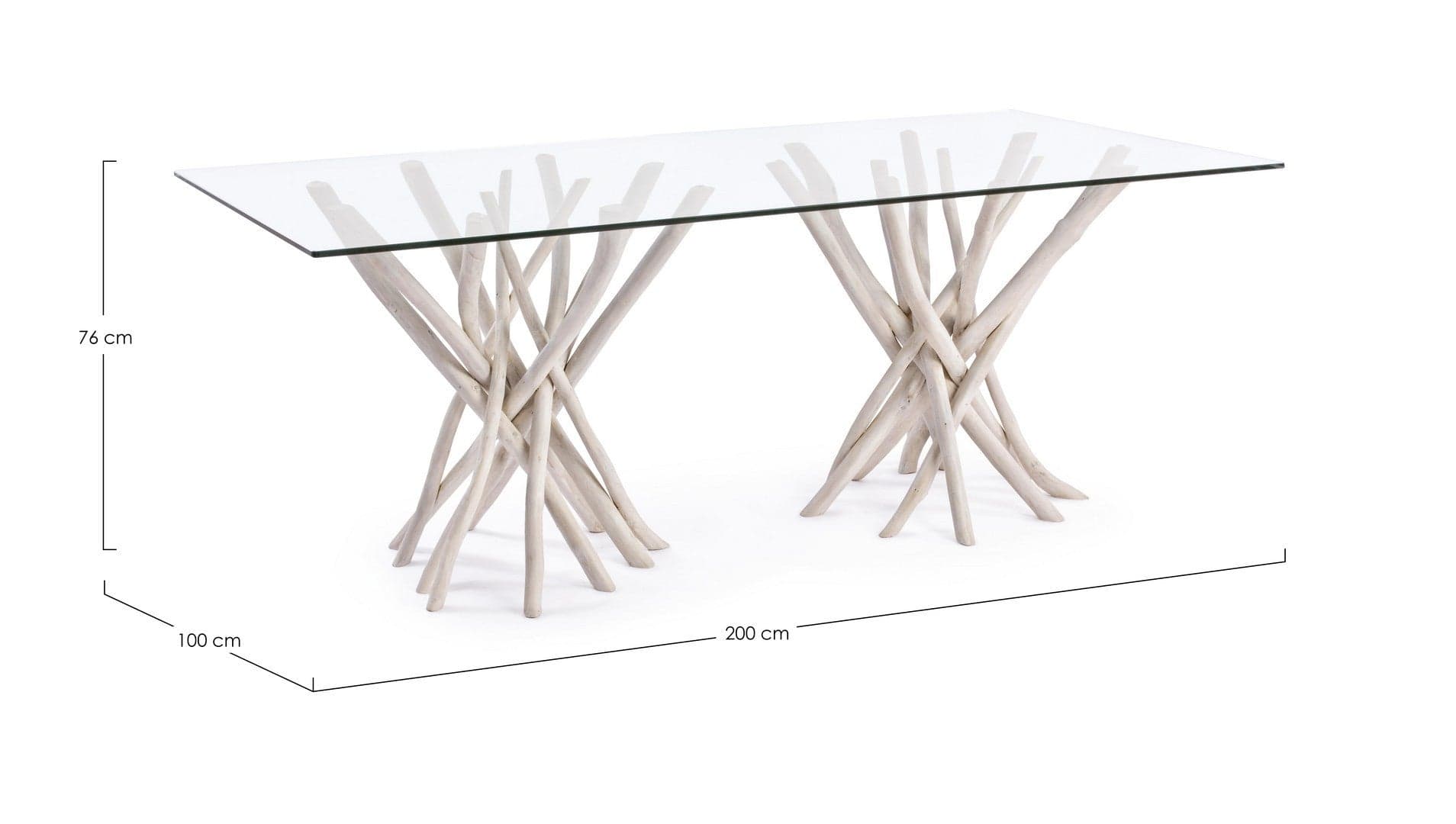 Tavolo "C-V Sahel", con gambe in rami di teak, piano in vetro temperato, stile moderno in Tavoli da sala da pranzo Decor Space - Altamura, commercioVirtuoso.it