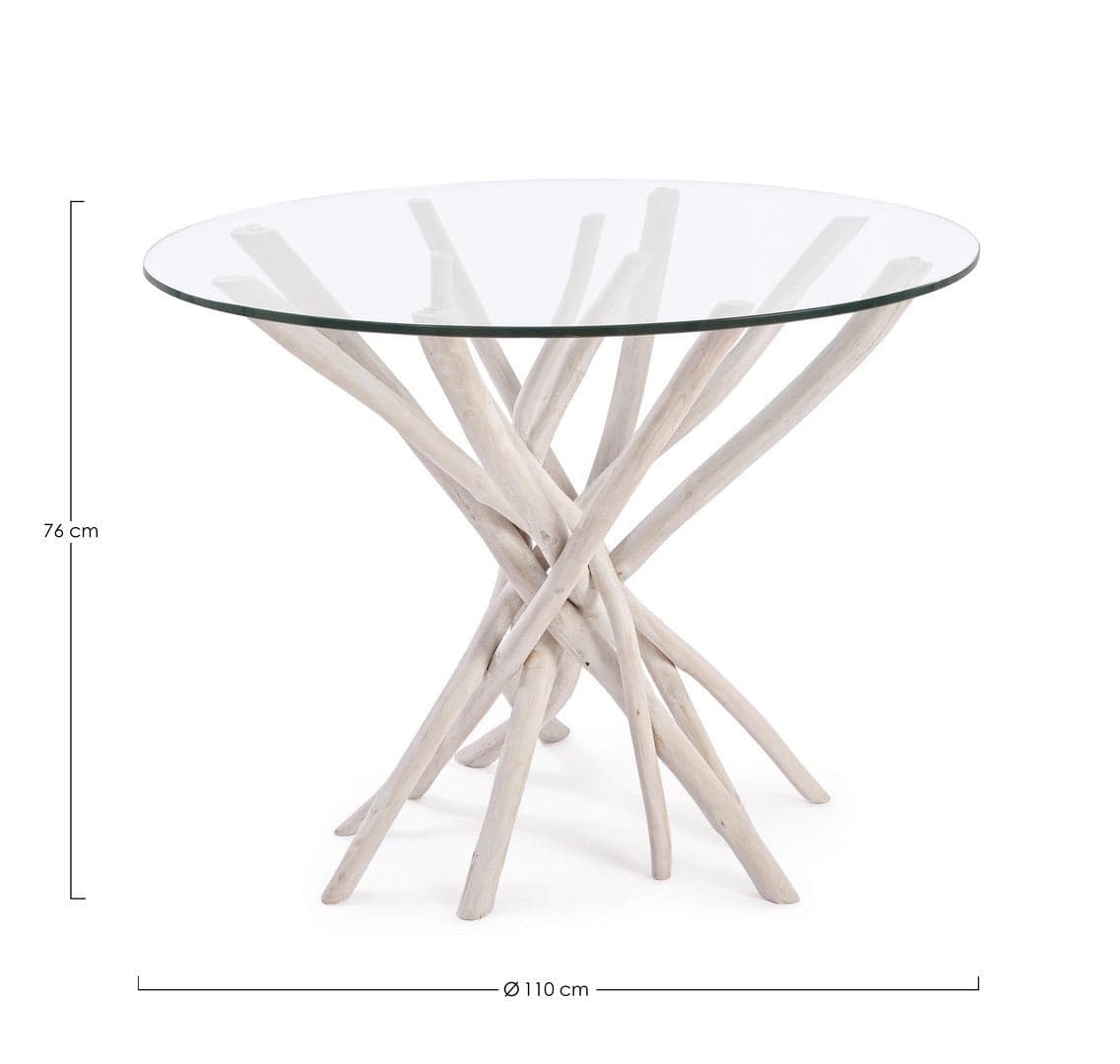 Tavolo "C-V Sahel", con gambe in rami di teak, piano in vetro temperato, stile moderno in Tavoli da sala da pranzo Decor Space - Altamura, commercioVirtuoso.it