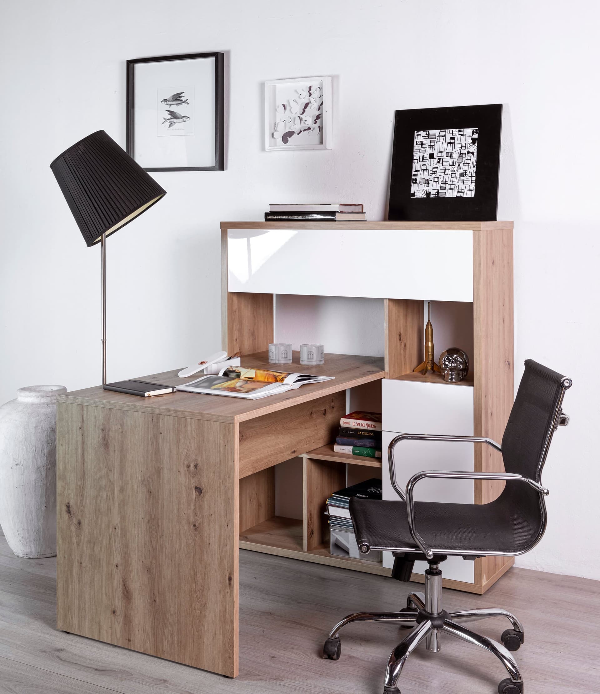 Scrivania con Libreria Rovere e Bianco laccato da ufficio 130 cm "Made in Italy" - 4