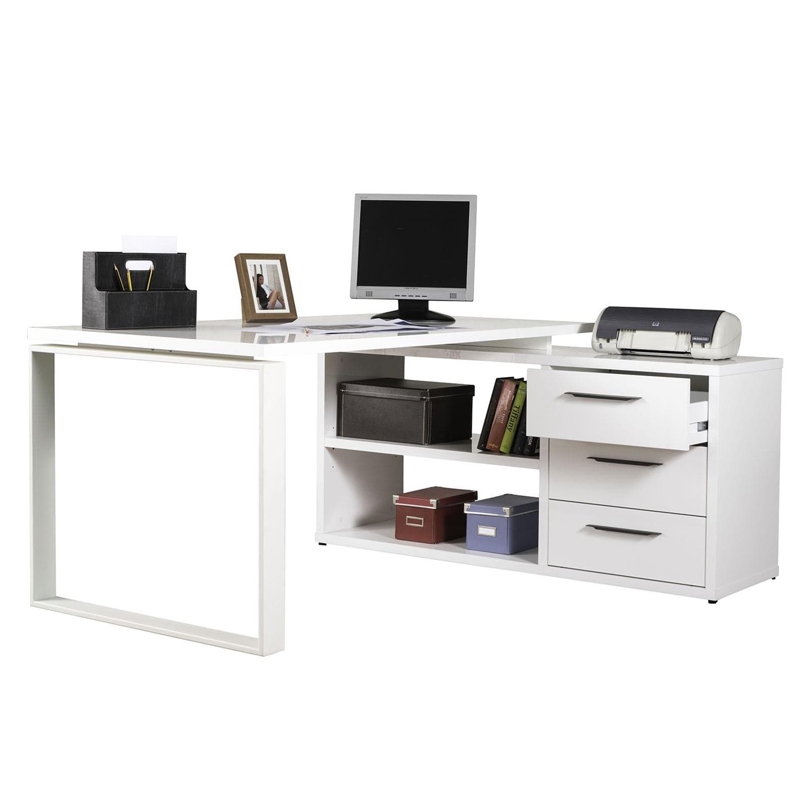 Scrivania angolare con cassettiera bianco laccato da ufficio 170 cm "Made in Italy" in Scrivanie Decor Space - Altamura, commercioVirtuoso.it