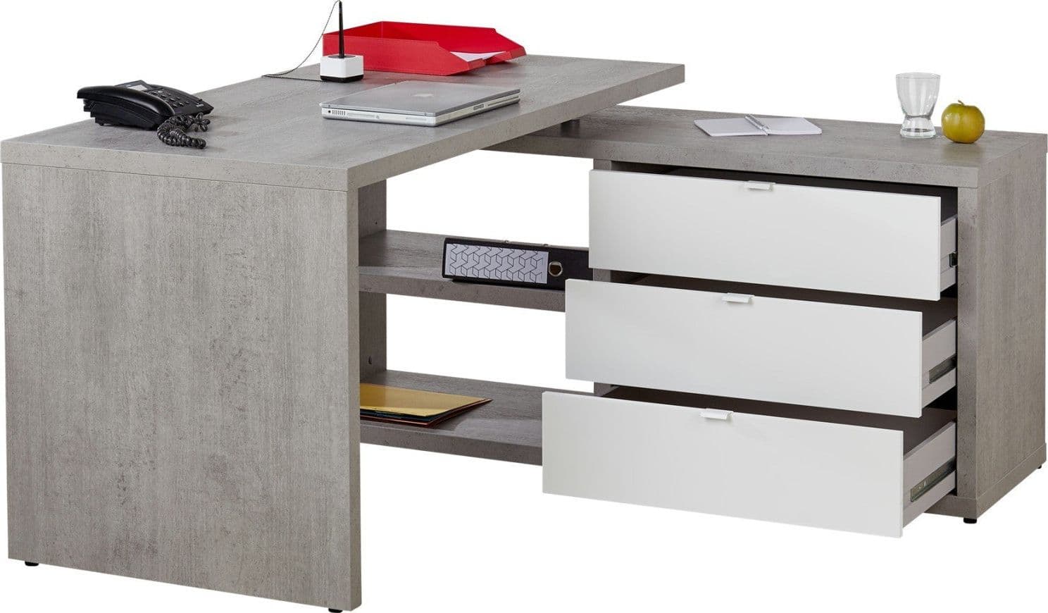 Scrivania angolare con cassettiera color cemento e bianco laccato da ufficio 150 cm "Made in Italy" in Scrivanie Decor Space - Altamura, commercioVirtuoso.it