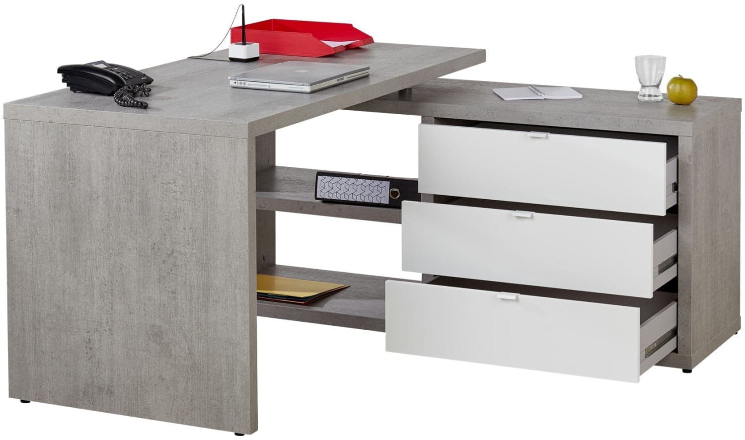 Scrivania angolare con cassettiera color cemento e bianco laccato da ufficio 150 cm "Made in Italy" in Scrivanie Decor Space - Altamura, commercioVirtuoso.it