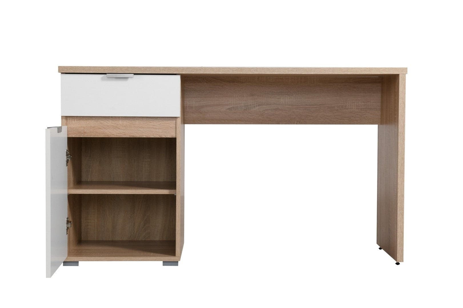 Scrivania "Alicante" con anta e cassettiera, color rovere e bianco, struttura in truciolare rivestito, 130 x 50 x 75,5 cm in Scrivanie Decor Space - Altamura, commercioVirtuoso.it