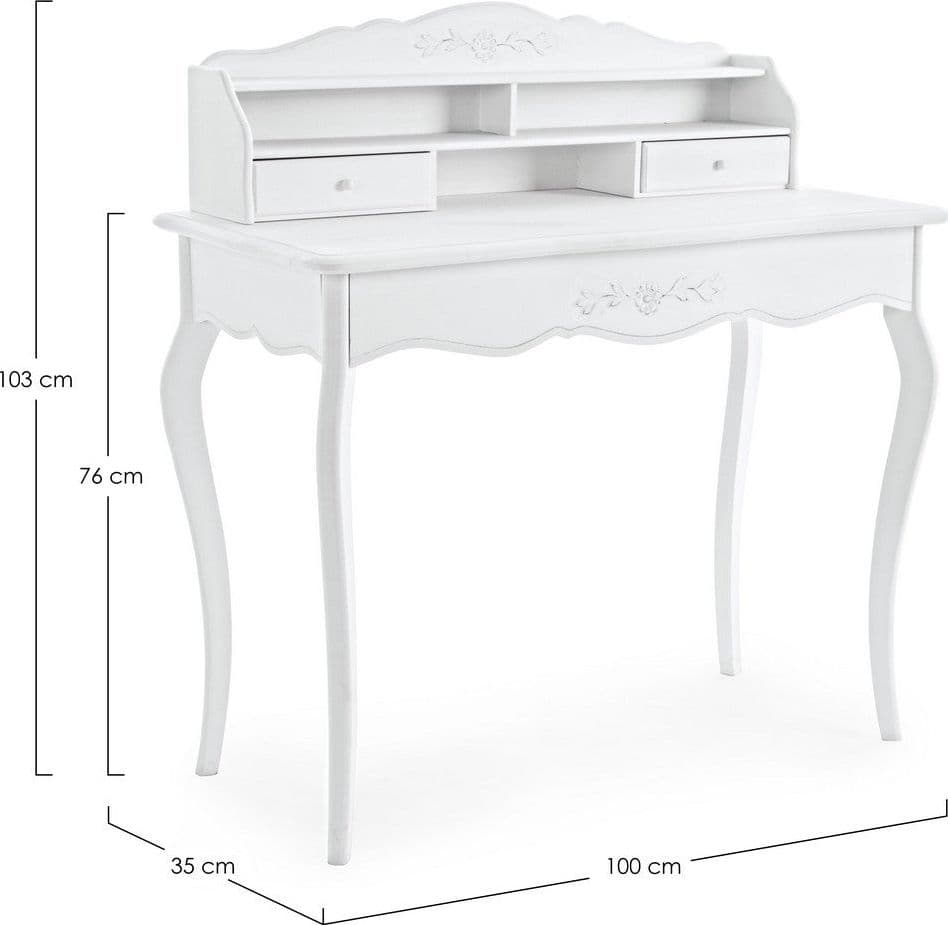 Scrittoio "Daisy" bianco, con 2 cassetti, struttura in legno, stile vintage, 100 x 45 x 103 cm in Scrivanie Decor Space - Altamura, commercioVirtuoso.it