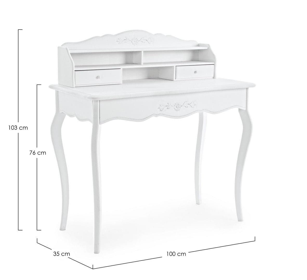 Scrittoio "Daisy" bianco, con 2 cassetti, struttura in legno, stile vintage, 100 x 45 x 103 cm in Scrivanie Decor Space - Altamura, commercioVirtuoso.it