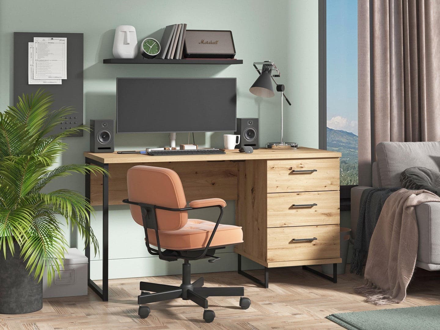 Scrivania "Spain" con cassettiera, color rovere, con 2 cassetti, struttura in truciolare rivestito, 137.5 x 56 x 75 cm - 6
