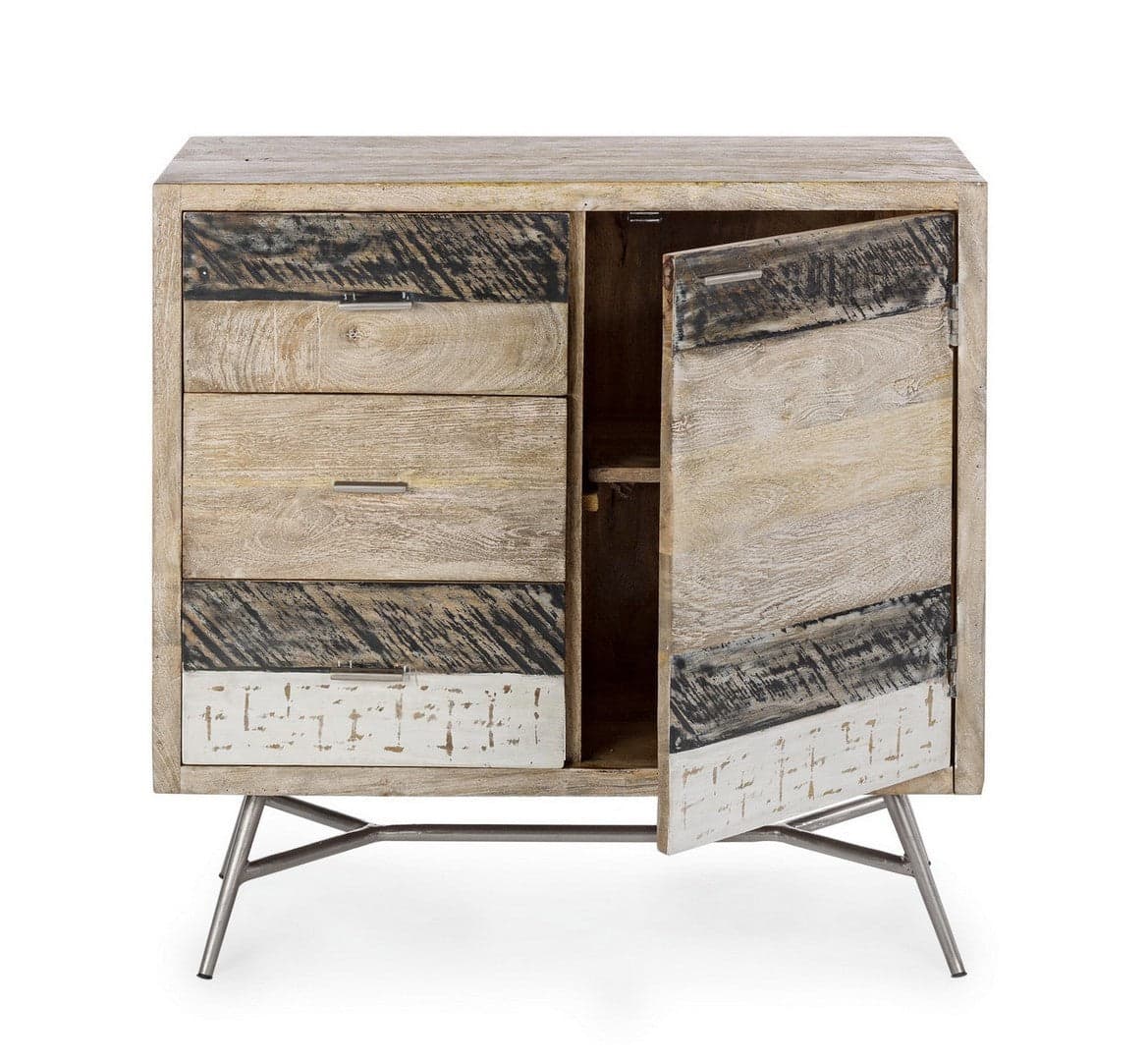 Credenza "Leiston" 1 anta e 3 cassetti, con struttura in legno di mango, stile industriale in Credenze Decor Space - Altamura, commercioVirtuoso.it