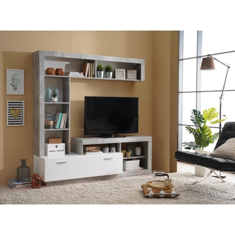 Parete attrezzata per soggiorno porta TV con ripiani ed ante Bianco e cemento 170 cm in Pareti attrezzate Decor Space - Altamura, commercioVirtuoso.it