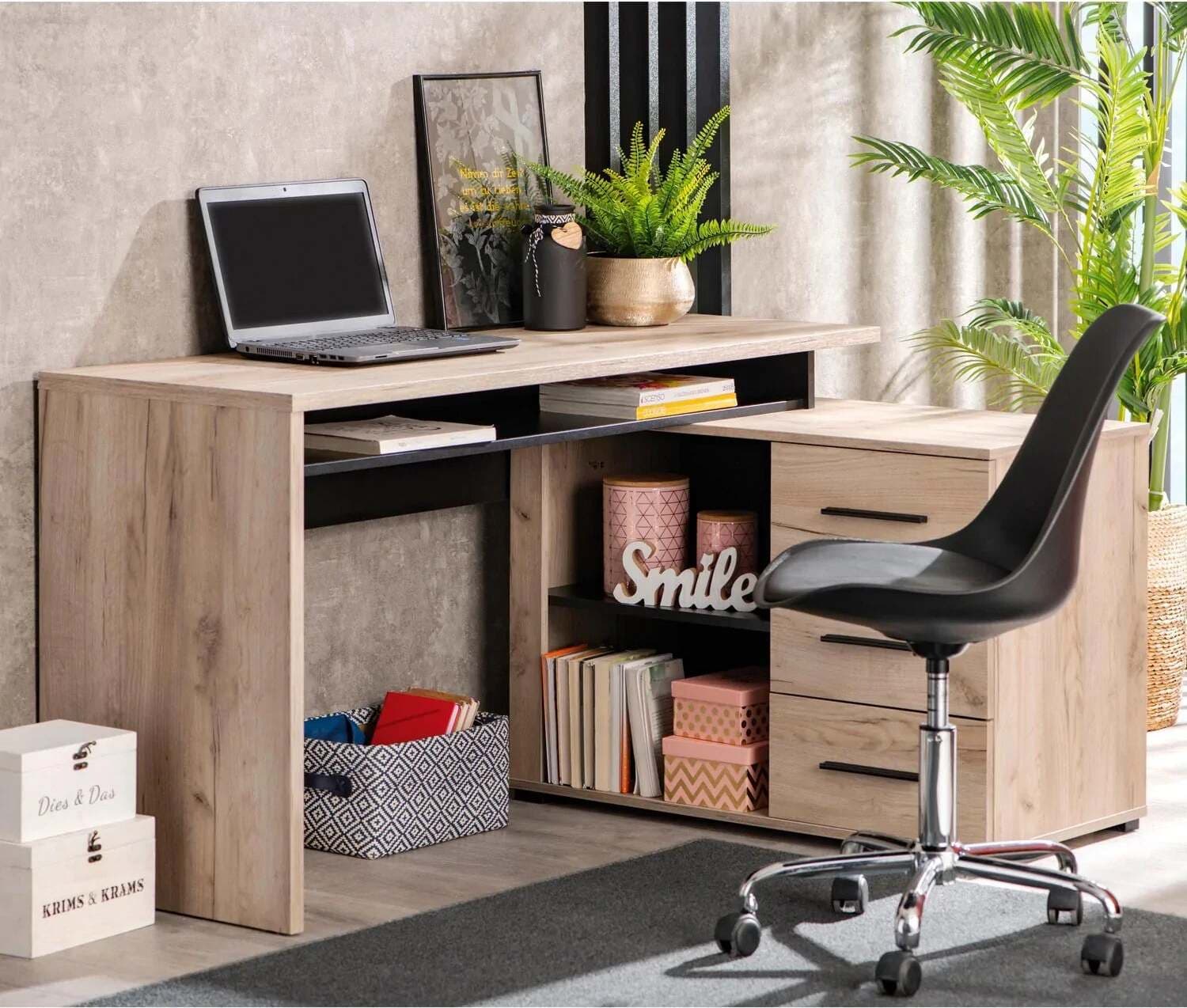 Scrivania angolare da ufficio e cameretta con cassettiera 140 cm Rovere e Nero Casa e cucina/Arredamento/Studio/Scrivanie e postazioni di lavoro/Scrivanie Decor Space - Altamura, Commerciovirtuoso.it