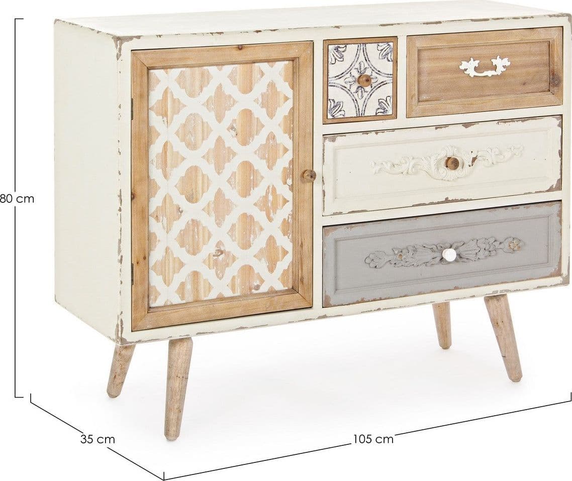 Credenza "Aurelie", 1 anta e 4 cassetti, con struttura in legno di abete, stile classico in Credenze Decor Space - Altamura, commercioVirtuoso.it