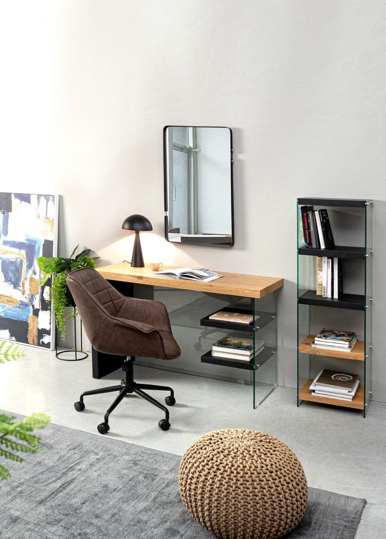 Scrivania "Line" Wood con 2 mensole, piano in mdf, lato in vetro temperato, 120 x 50 cm in Scrivanie Decor Space - Altamura, commercioVirtuoso.it