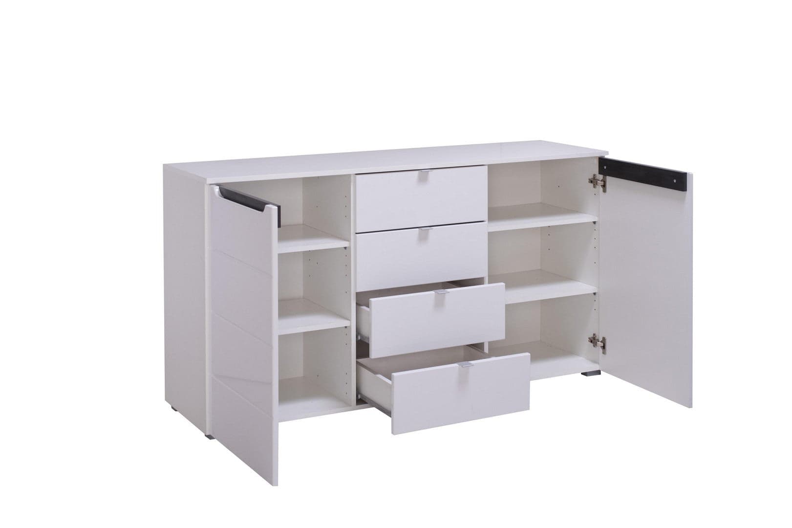 Credenza "Zurich", con 2 ante e 4 cassetti, color bianco opaco, con struttura in truciolare rivestito, mobile in kit in Credenze Decor Space - Altamura, commercioVirtuoso.it