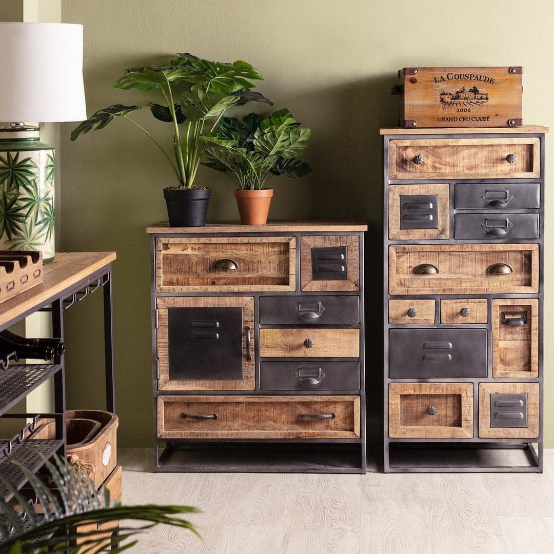 Cassettiera "Rupert", 1 anta e 6 cassetti con struttura in acciaio e legno di mango, stile industriale in Credenze Decor Space - Altamura, commercioVirtuoso.it
