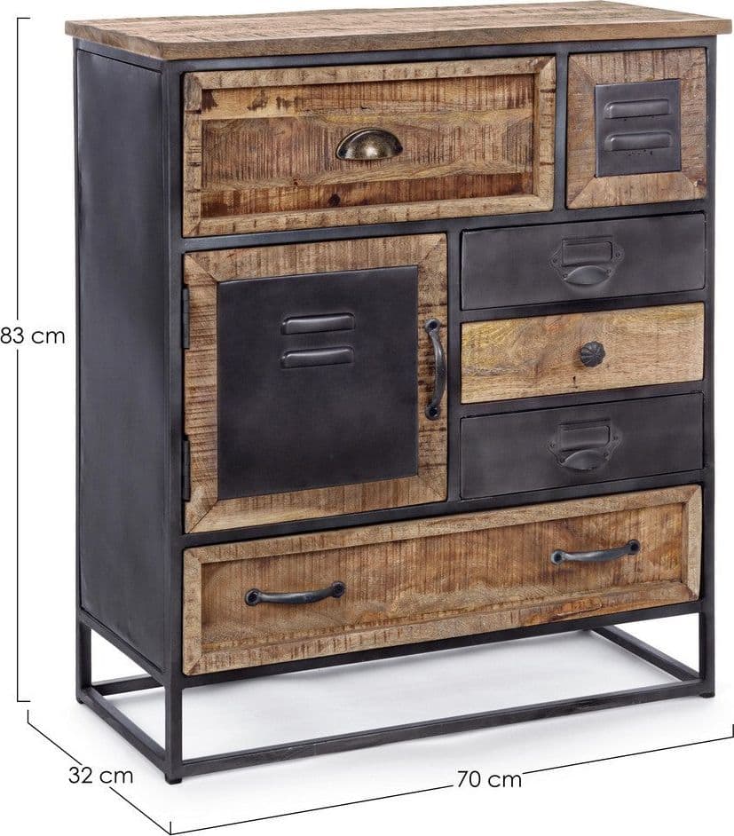 Cassettiera "Rupert", 1 anta e 6 cassetti con struttura in acciaio e legno di mango, stile industriale in Credenze Decor Space - Altamura, commercioVirtuoso.it