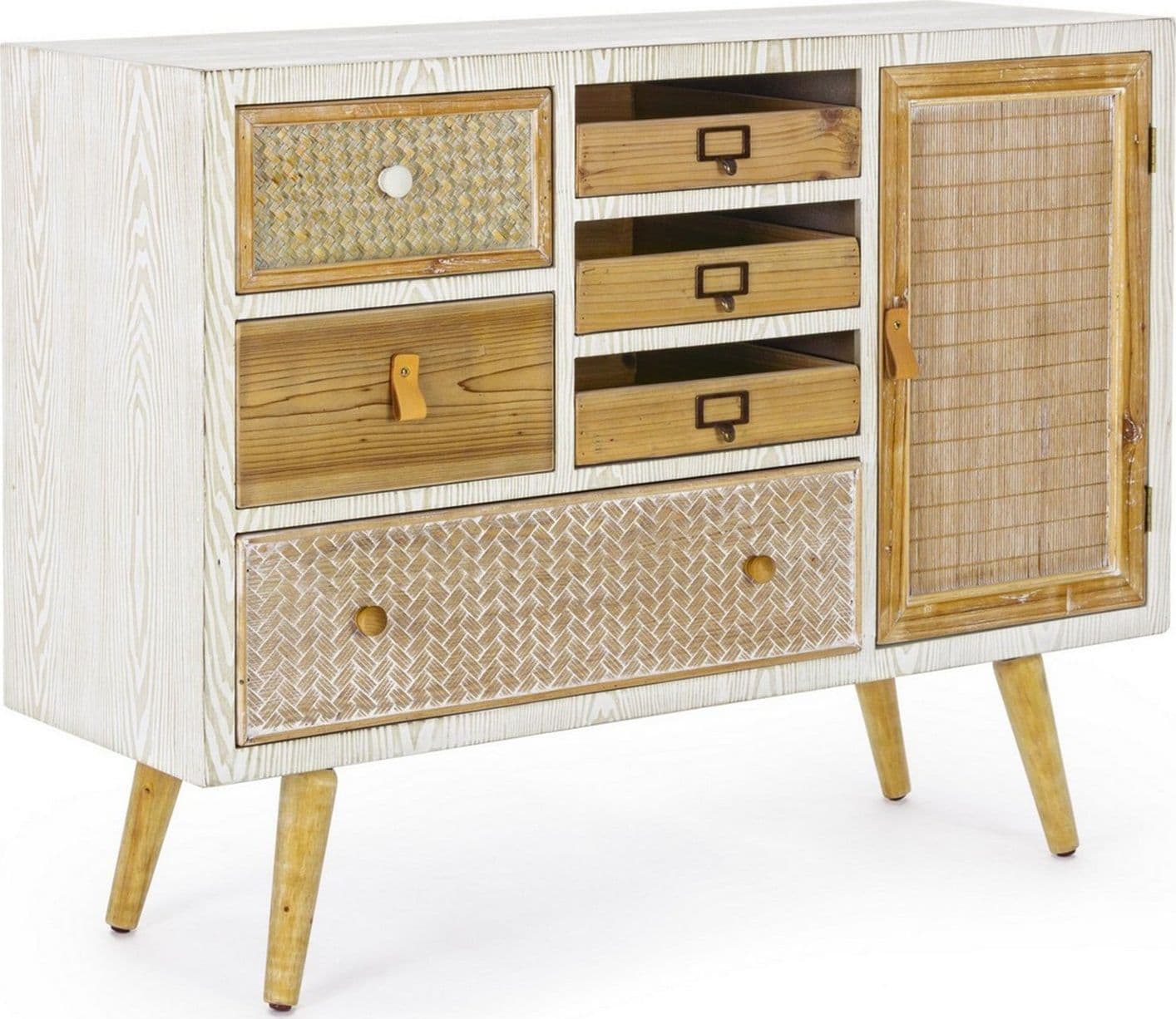 Credenza "Eloise", struttura in legno MDF o legno di abete, pomelli in acciaio, stile naturale – 1 Anta - 6 Cassetti –