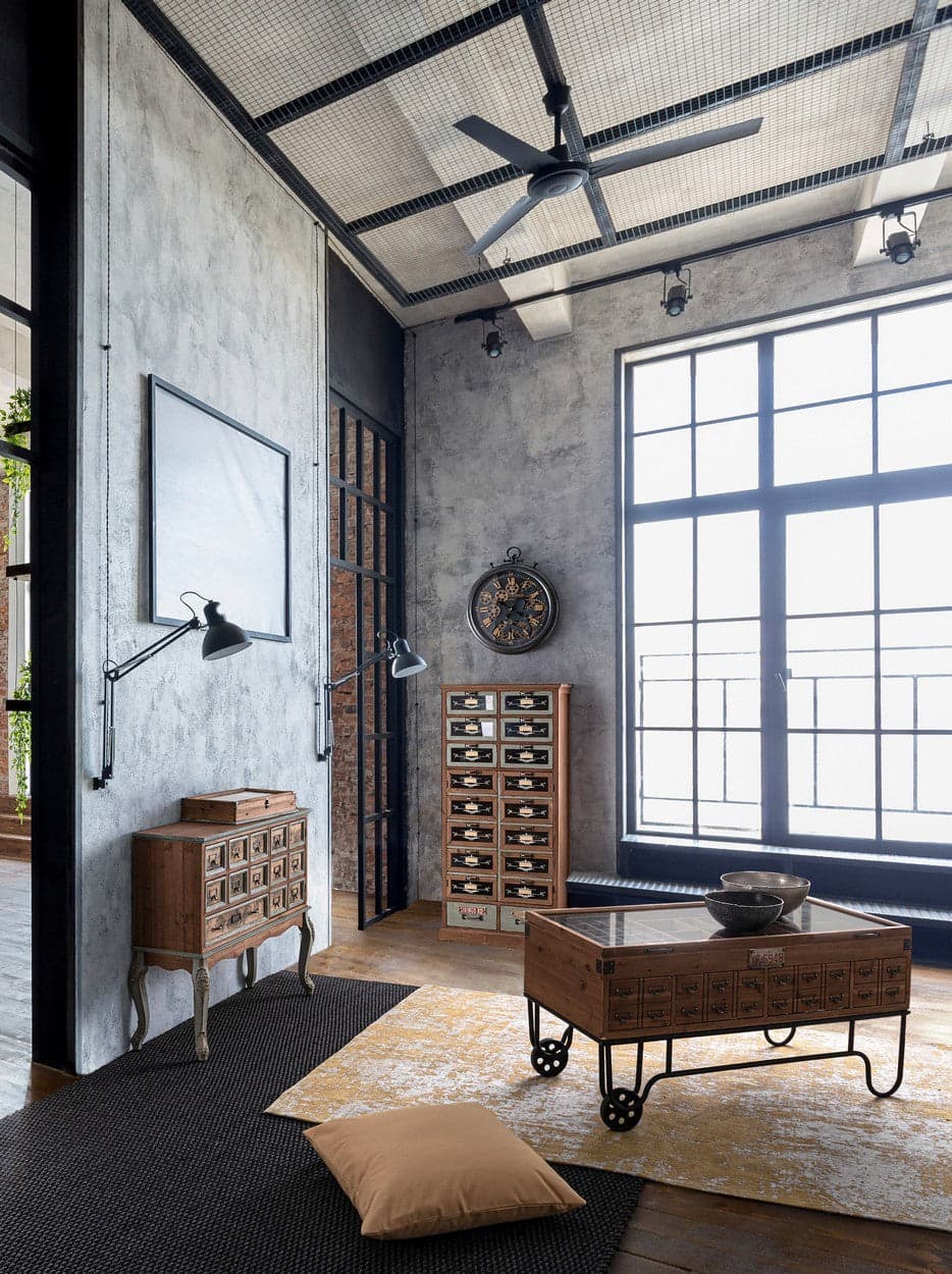 Credenza "Kompart" 1 anta e 7 cassetti, con struttura in legno di pino, stile industriale - 7