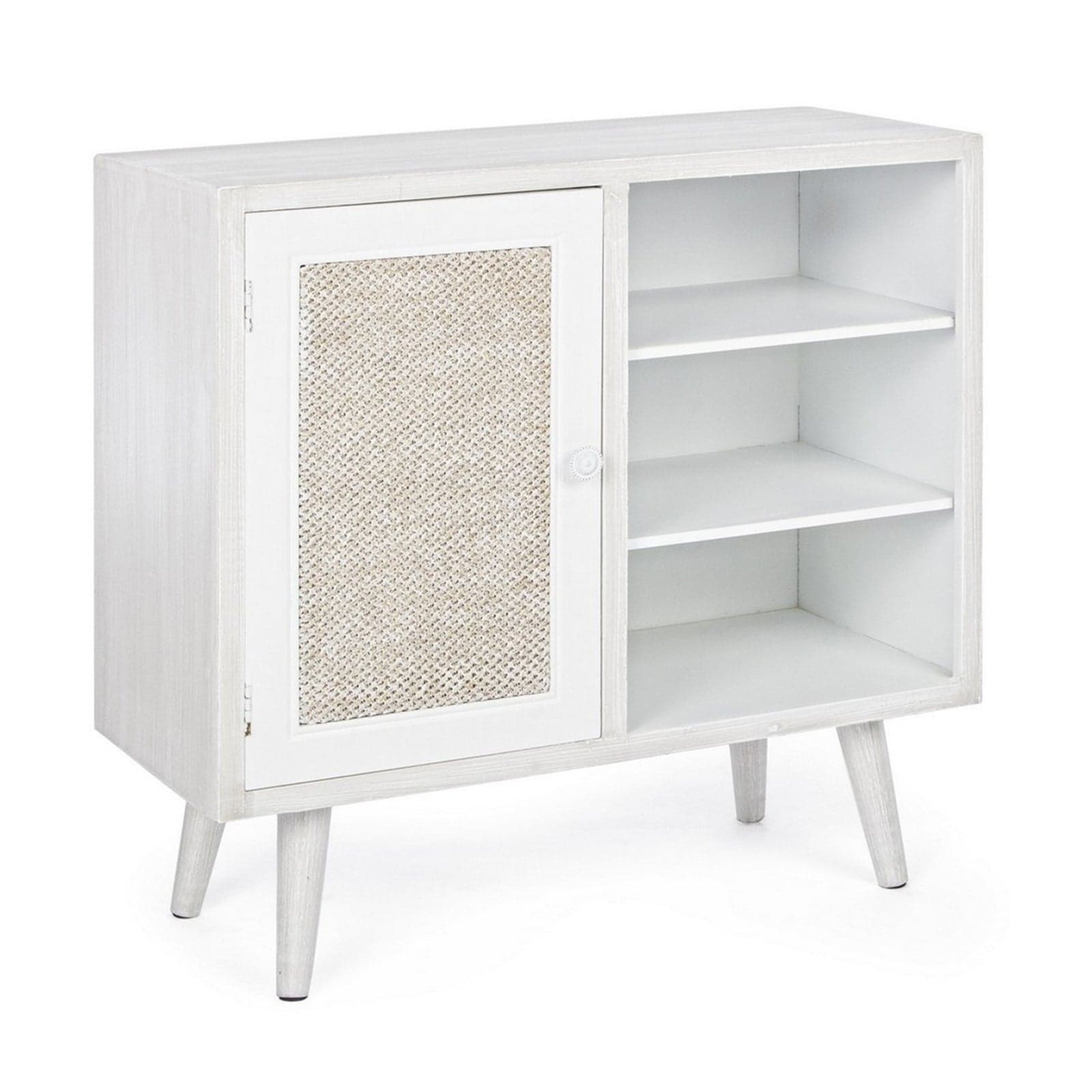 Credenza "Montiel" in legno MDF, con anta frontale rivestito in tessuto, finitura con vernice a base d'acqua, stile rustico
