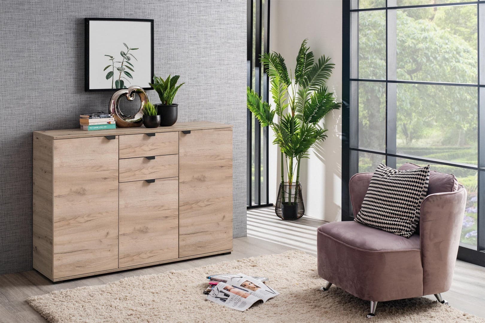 Credenza "Swiss", con 3 ante e 2 cassetti, color rovere, con struttura in truciolare rivestito, mobile in kit in Credenze Decor Space - Altamura, commercioVirtuoso.it