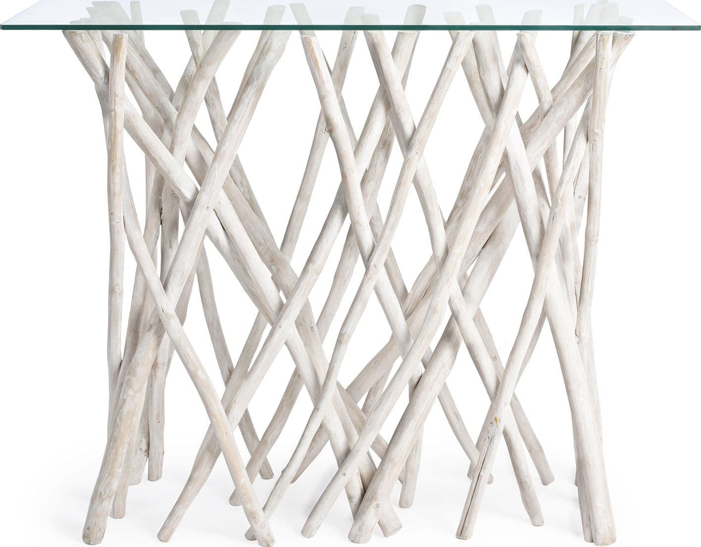 Consolle "Sahel" in vetro con rami in teak bianco, mobile moderno da interno in Console e tavoli da divano Decor Space - Altamura, commercioVirtuoso.it