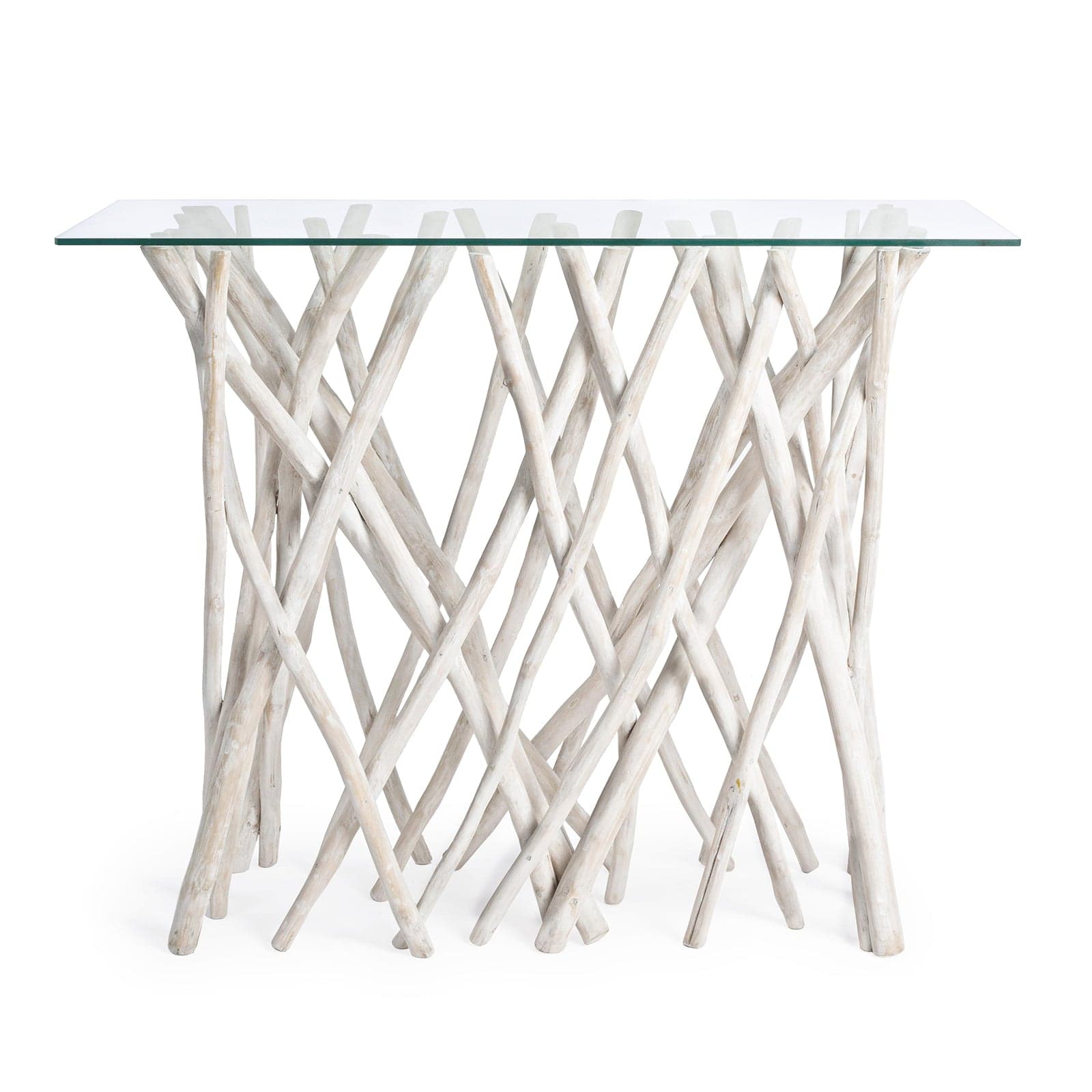 Consolle "Sahel" in vetro con rami in teak bianco, mobile moderno da interno in Console e tavoli da divano Decor Space - Altamura, commercioVirtuoso.it
