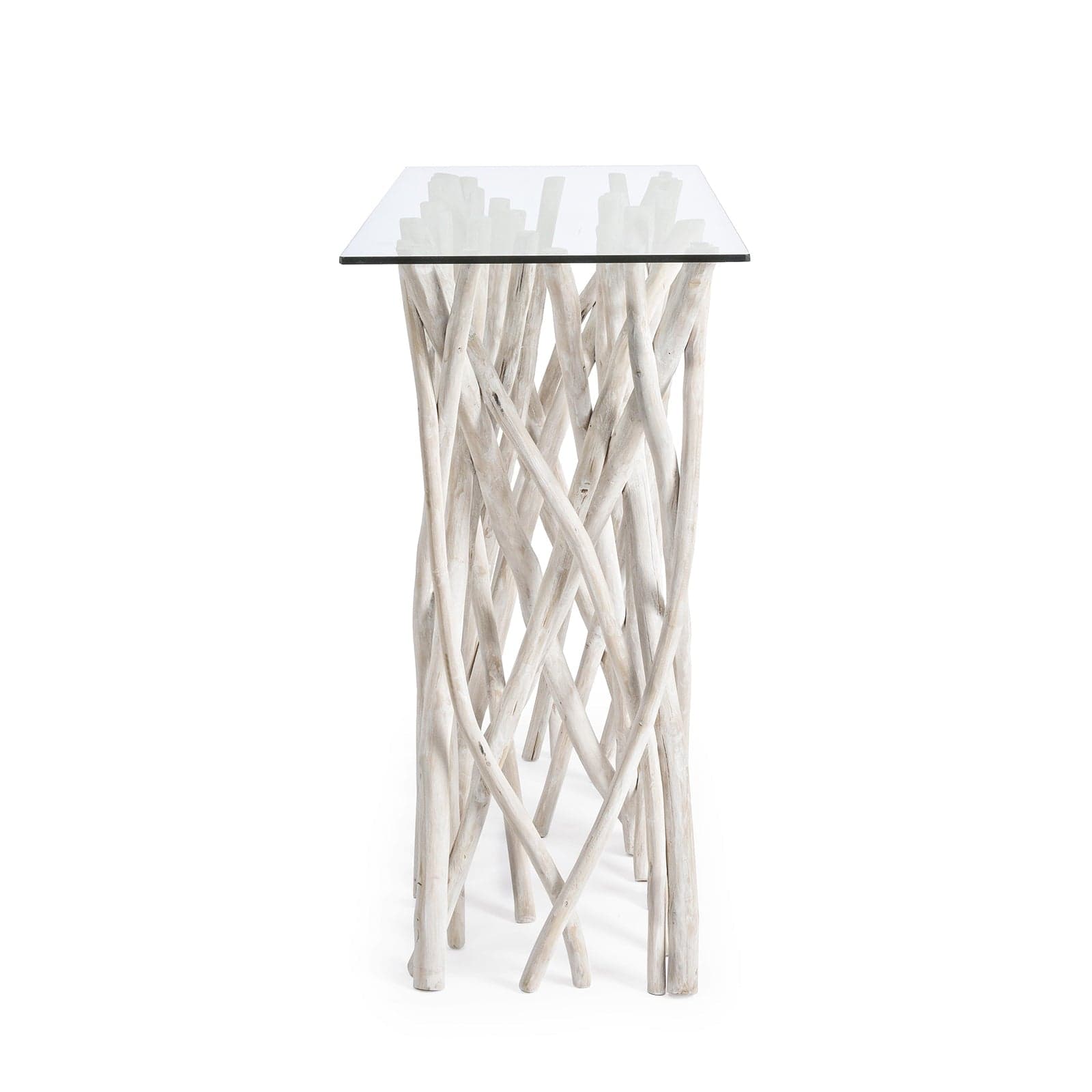 Consolle "Sahel" in vetro con rami in teak bianco, mobile moderno da interno in Console e tavoli da divano Decor Space - Altamura, commercioVirtuoso.it